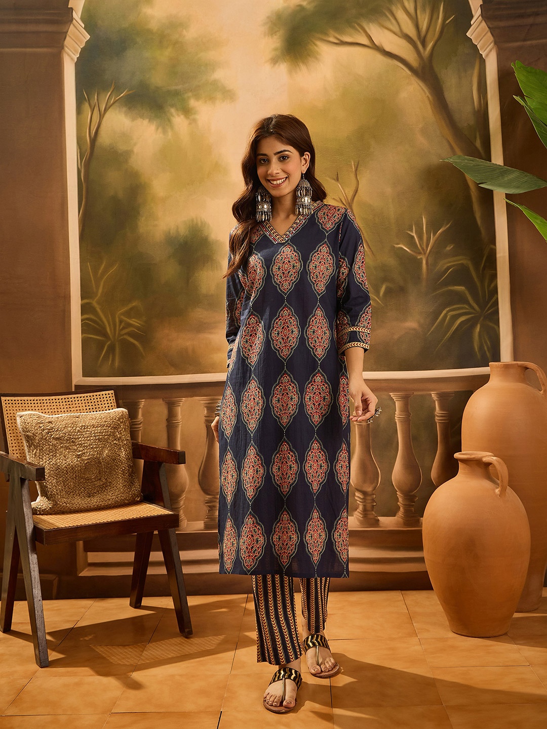 Sangria Ethnic Motifs Printed V-Neck Cotton Straight Kurta With Trouser & Dupatta, Navy blue
Sangria Ethnic Motifs Printed V-Neck Cotton Straight Kurta With Trouser & Dupatta, Navy blue
