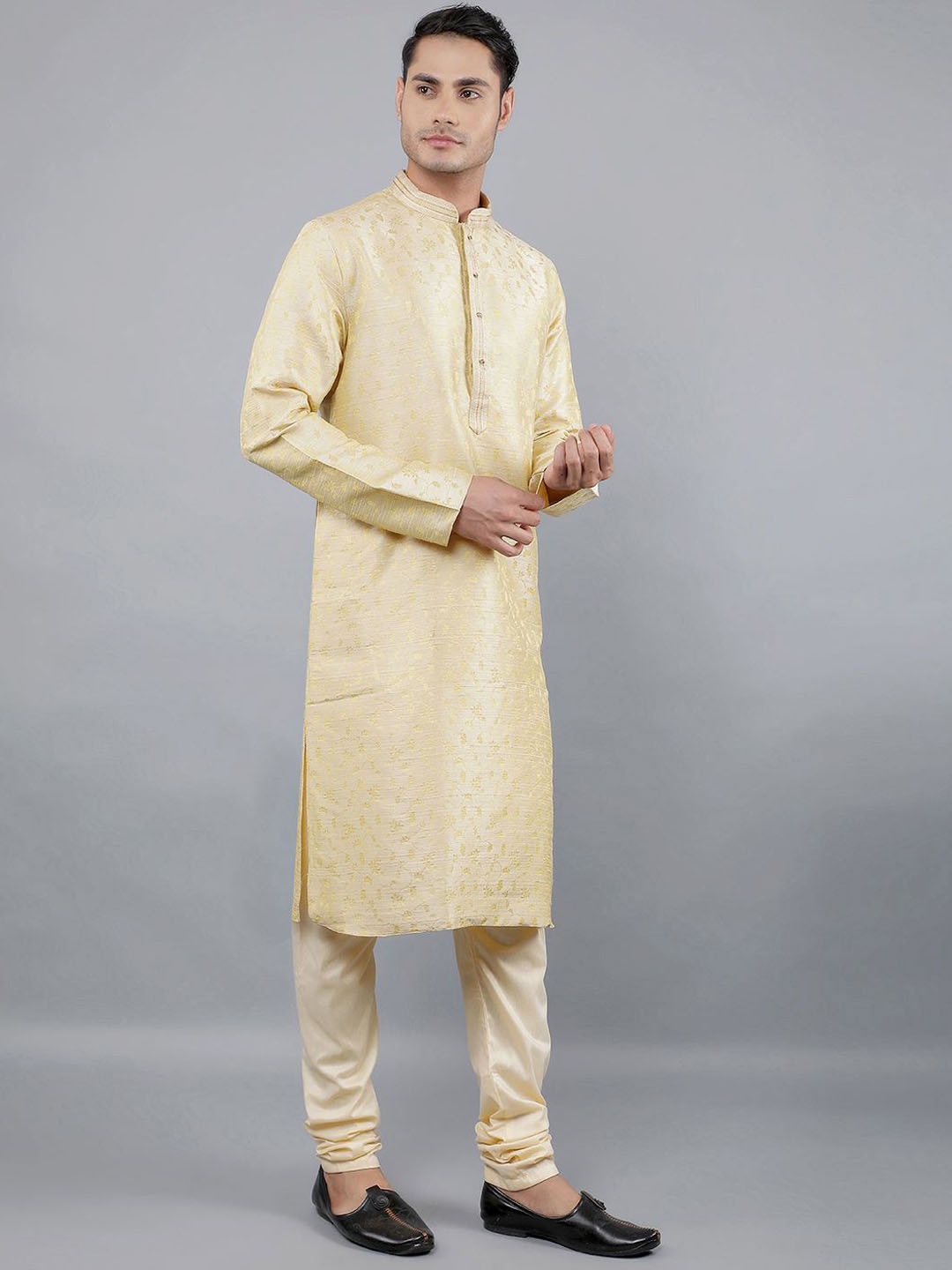 Manish Creations Floral Woven Design Band Collar Jacquard Kurta with Churidar, Gold
Manish Creations Floral Woven Design Band Collar Jacquard Kurta with Churidar, Gold