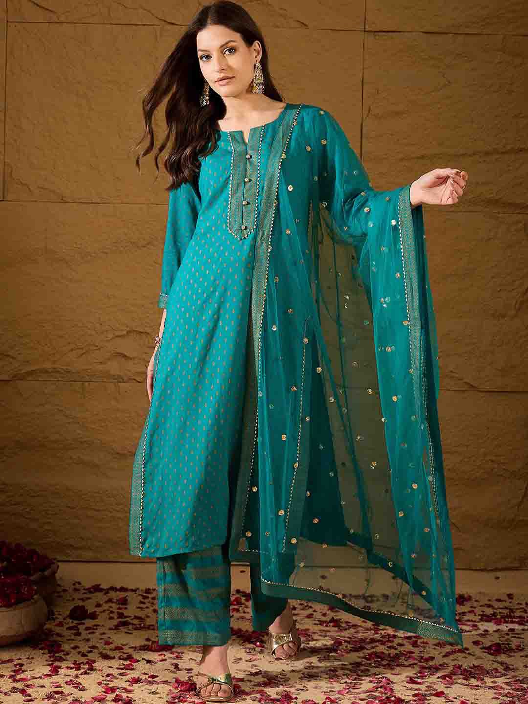 AHIKA Floral Printed Gotta Patti Notch Neck Straight Kurta With Trousers & Dupatta, Teal
AHIKA Floral Printed Gotta Patti Notch Neck Straight Kurta With Trousers & Dupatta, Teal