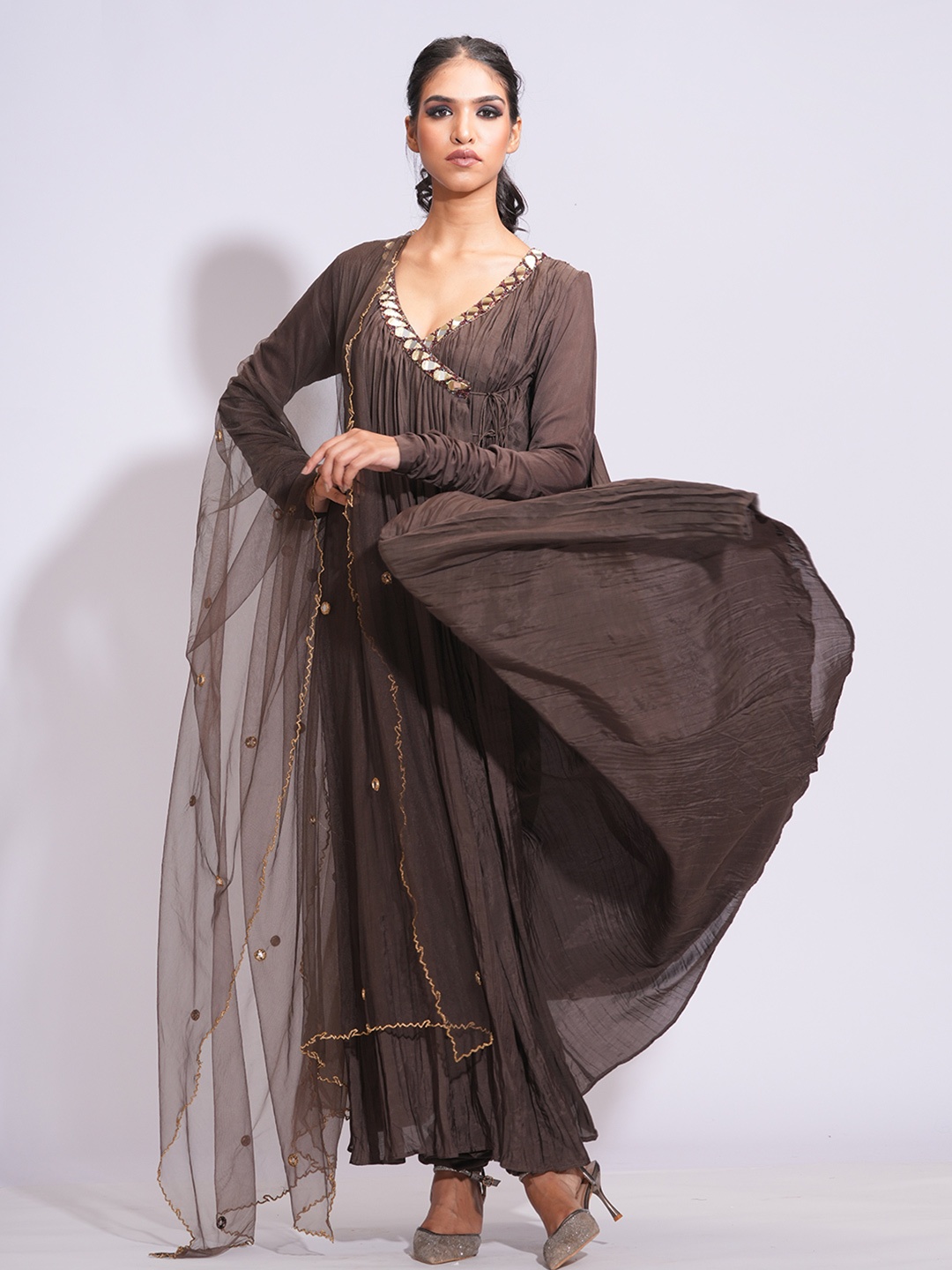 Shruti S Angrakha Mirror Work Pure Cotton Anarkali Kurta With Churidar And Dupatta, Brown
Shruti S Angrakha Mirror Work Pure Cotton Anarkali Kurta With Churidar And Dupatta, Brown