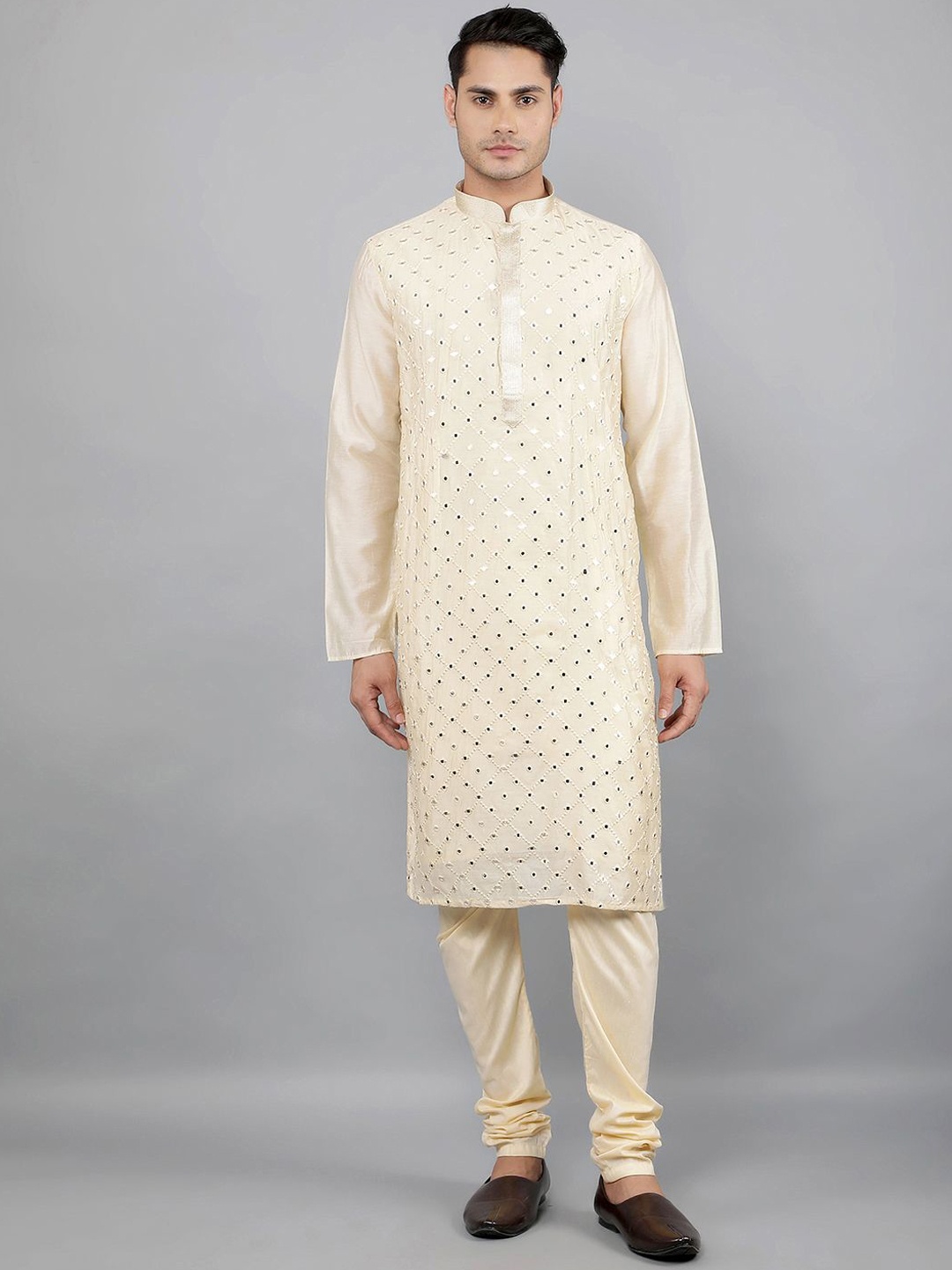 Manish Creations Geometric Embroidered Mirror Work Band Collar Kurta with Churidar, Cream
Manish Creations Geometric Embroidered Mirror Work Band Collar Kurta with Churidar, Cream