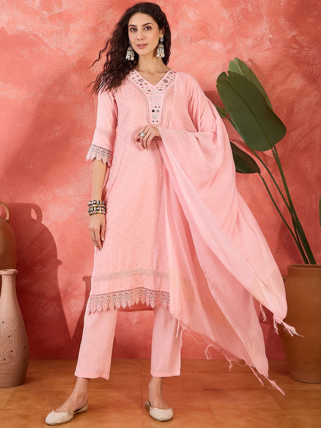 Sangria Geometric Embroidered V-Neck Mirror Work Straight Kurta With Trousers And Dupatta, Pink
Sangria Geometric Embroidered V-Neck Mirror Work Straight Kurta With Trousers And Dupatta, Pink