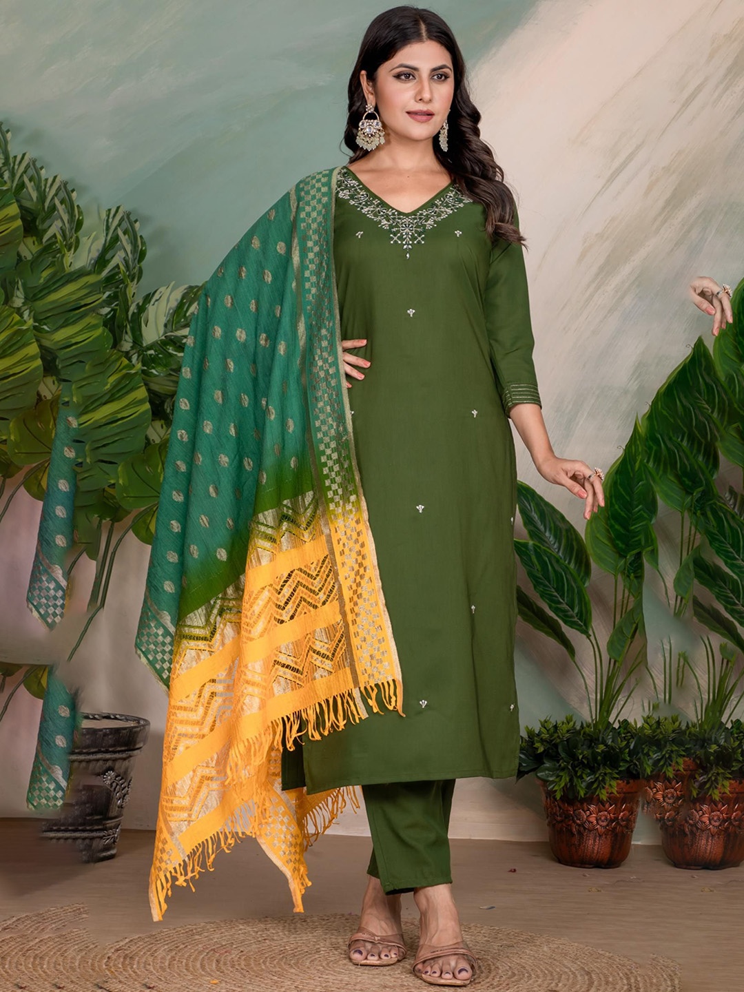 Anara Floral Yoke Design Sequunied Raw Silk Straight Kurta With Trousers & Dupatta, Green
Anara Floral Yoke Design Sequunied Raw Silk Straight Kurta With Trousers & Dupatta, Green