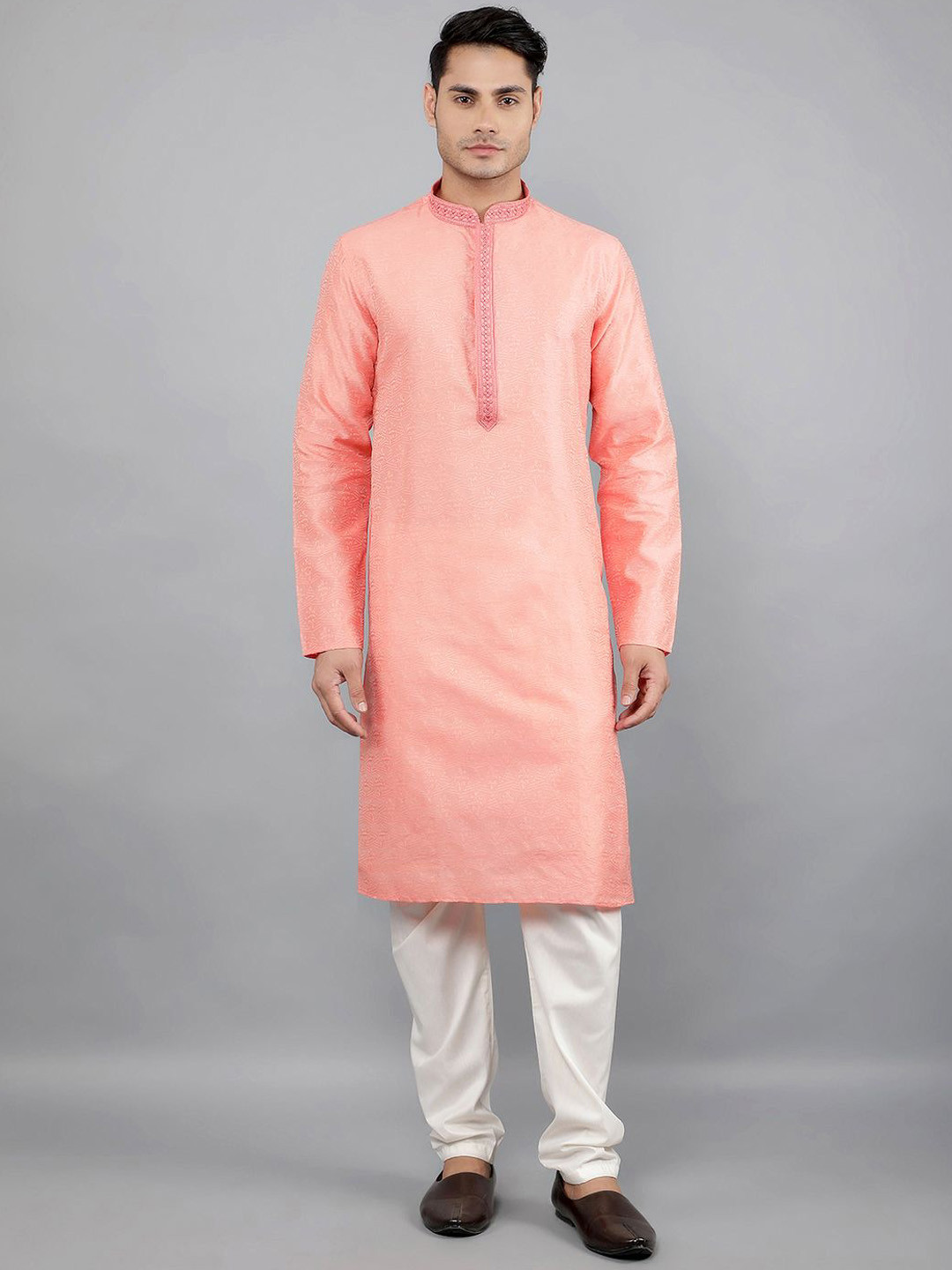 Manish Creations Floral Woven Design Band Collar Jacquard Kurta with Churidar, Peach
Manish Creations Floral Woven Design Band Collar Jacquard Kurta with Churidar, Peach