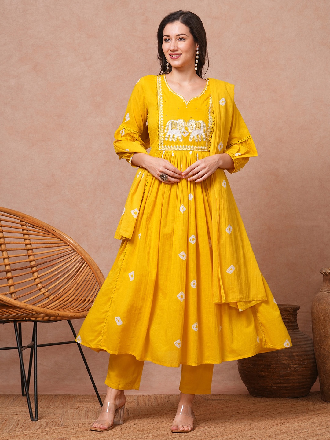 FASHOR Bandhani Printed Beads And Stones Pure Cotton A-Line Kurta With Pant & Dupatta, Yellow
FASHOR Bandhani Printed Beads And Stones Pure Cotton A-Line Kurta With Pant & Dupatta, Yellow