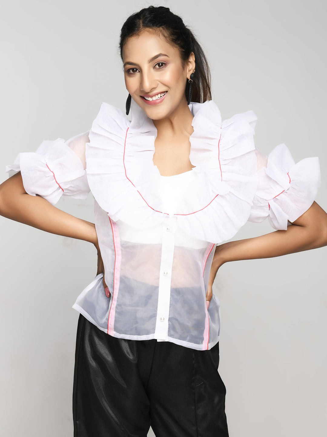 RANJ Women Organza Top Gathered Ruffles At the Hem of Sleeve and Collar With Attached, White
RANJ Women Organza Top Gathered Ruffles At the Hem of Sleeve and Collar With Attached, White