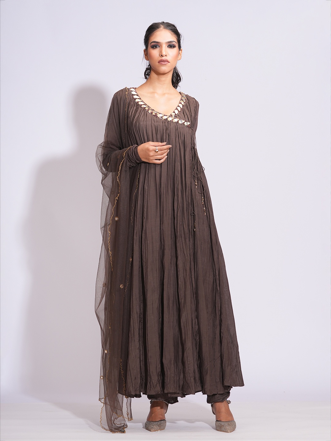 Shruti S Angrakha Mirror Work Pure Cotton Anarkali Kurta With Churidar And Dupatta, Brown
Shruti S Angrakha Mirror Work Pure Cotton Anarkali Kurta With Churidar And Dupatta, Brown