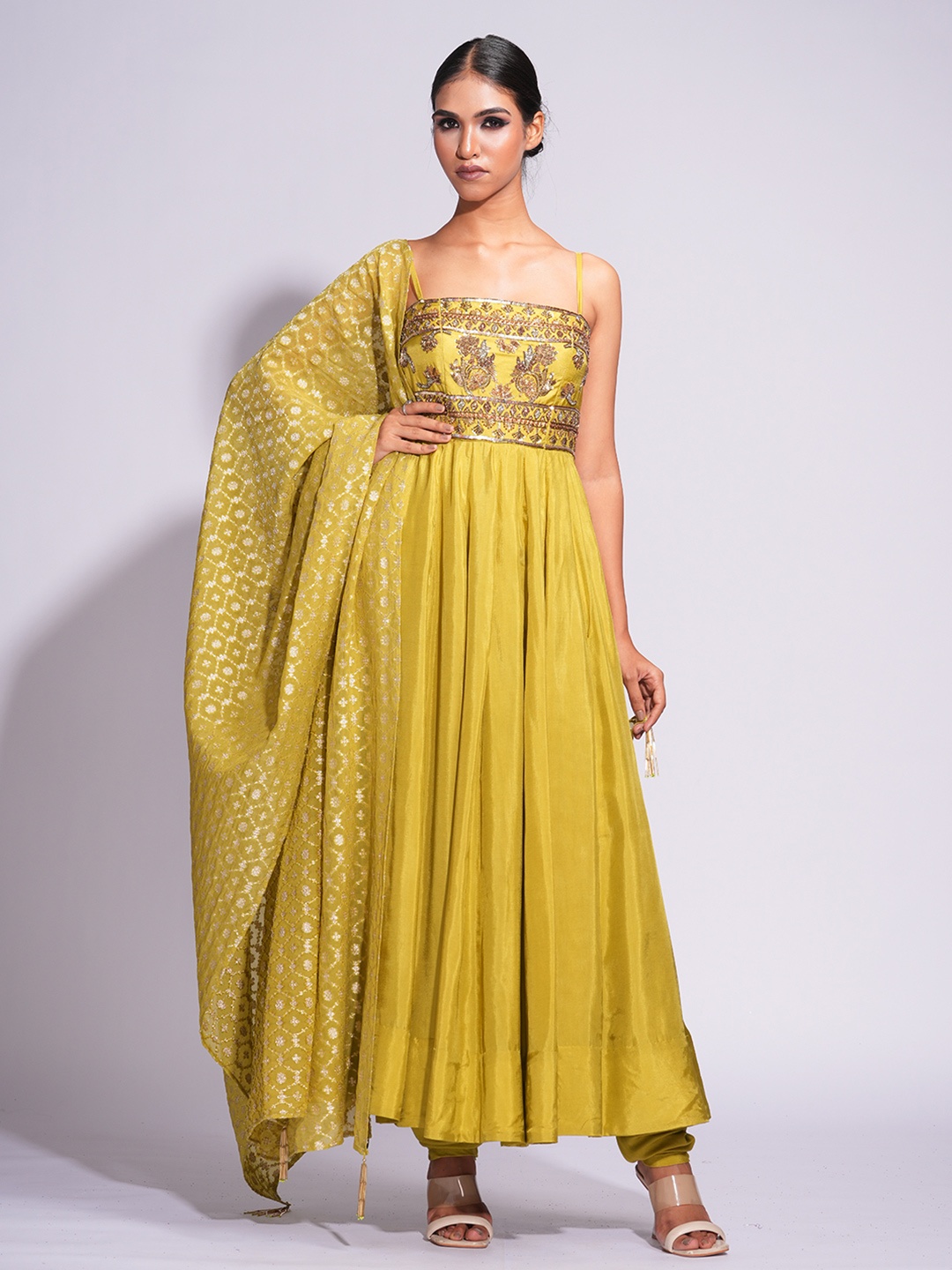 Shruti S Floral Yoke Design Empire Pure Silk Anarkali With Churidar & Banarasi Dupatta, Yellow
Shruti S Floral Yoke Design Empire Pure Silk Anarkali With Churidar & Banarasi Dupatta, Yellow