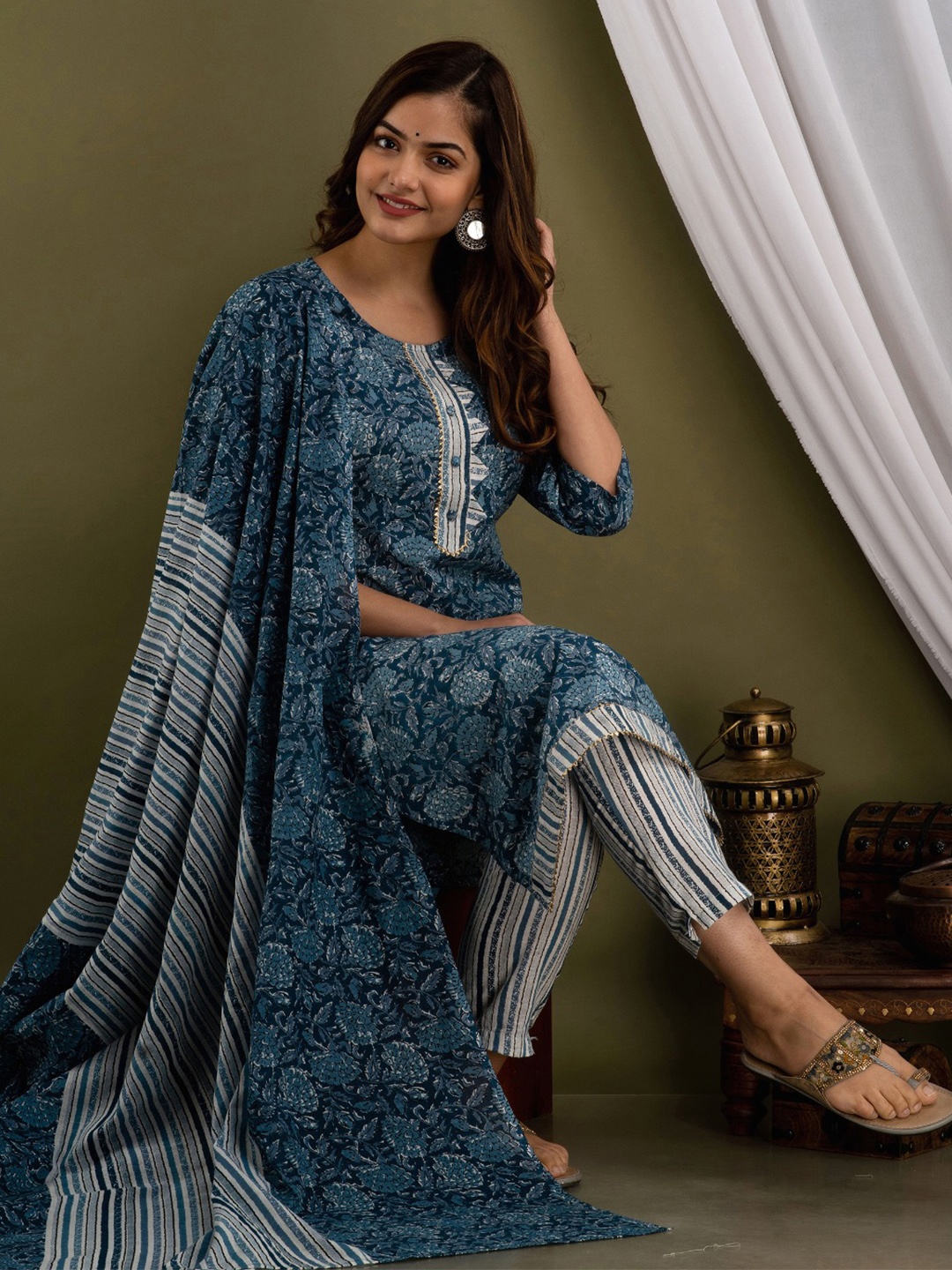 Prathmikta Floral Printed Pure Cotton Straight Kurta With Trousers And Dupatta, Blue
Prathmikta Floral Printed Pure Cotton Straight Kurta With Trousers And Dupatta, Blue