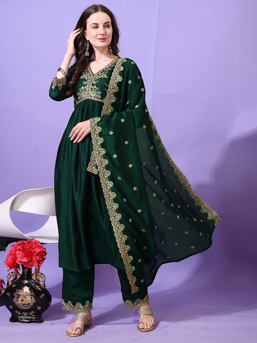 KALINI Floral Yoke Design V-Neck Thread Work Anarkali Kurta With Palazzos And Dupatta, Green
KALINI Floral Yoke Design V-Neck Thread Work Anarkali Kurta With Palazzos And Dupatta, Green