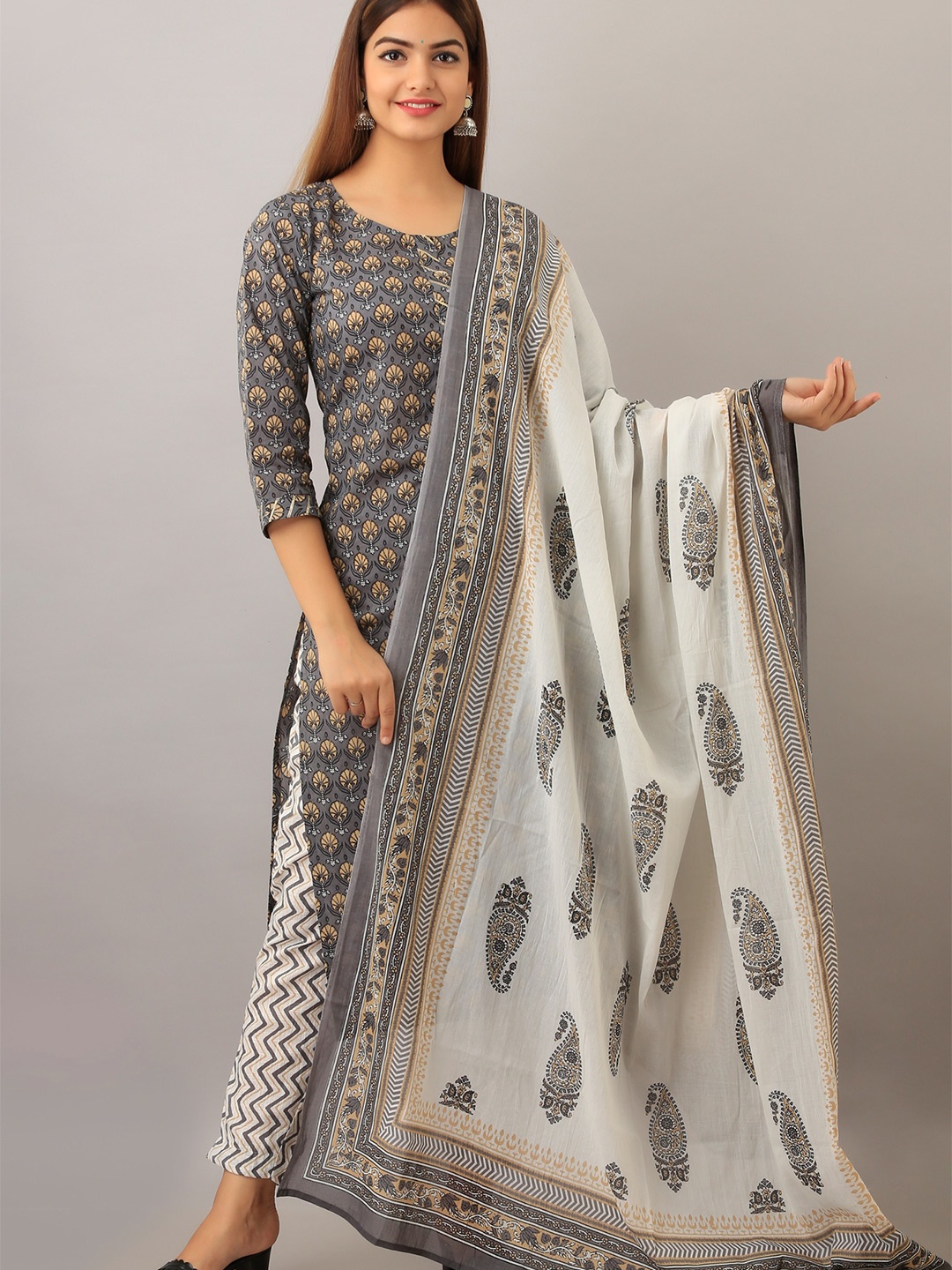 Prathmikta Floral Printed Pure Cotton Straight Kurta With Trousers And Dupatta, Grey
Prathmikta Floral Printed Pure Cotton Straight Kurta With Trousers And Dupatta, Grey