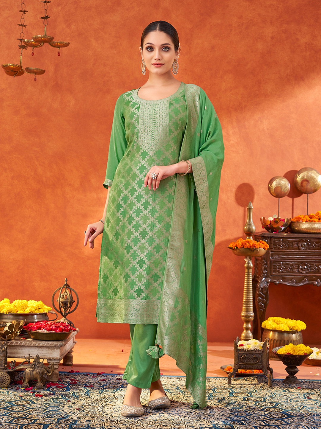 DIVASTRI Floral Woven Design Pure Silk Straight Kurta With Trousers & Dupatta, Green
DIVASTRI Floral Woven Design Pure Silk Straight Kurta With Trousers & Dupatta, Green