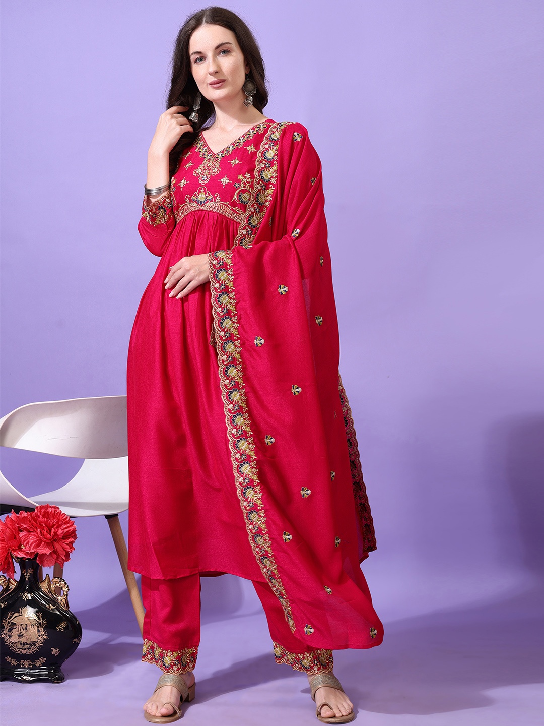 KALINI Floral Yoke Design V-Neck Thread Work Anarkali Kurta With Palazzos And Dupatta, Pink
KALINI Floral Yoke Design V-Neck Thread Work Anarkali Kurta With Palazzos And Dupatta, Pink