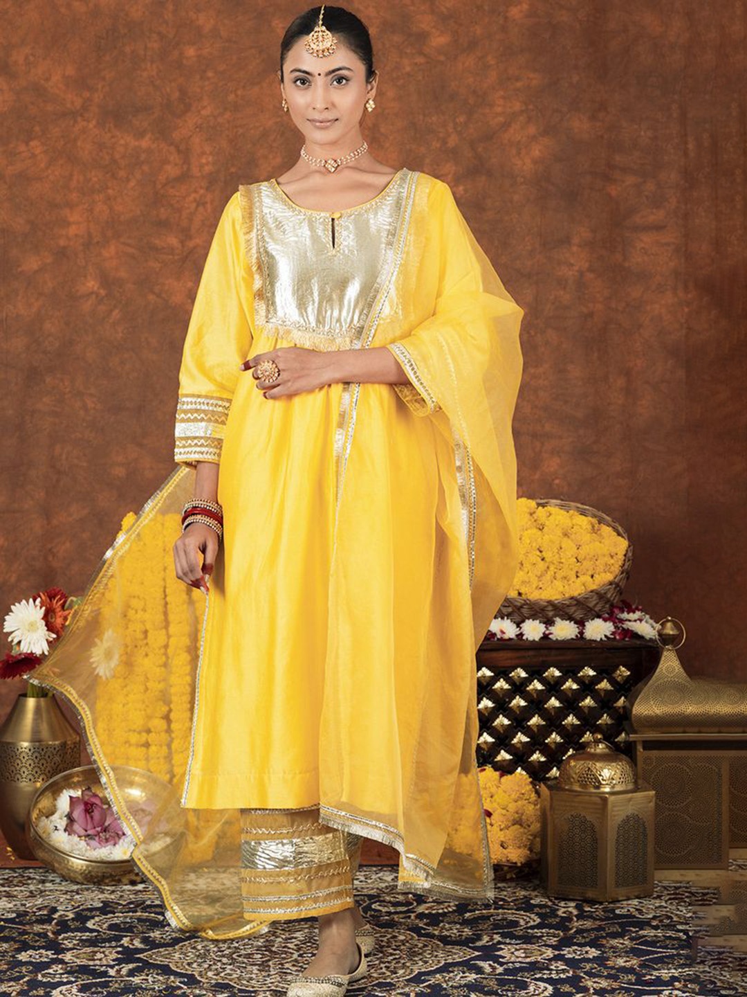 House of Nitya Gotta Patti Work Key Hole Neck Chanderi Silk Kurta With Palazzos & Dupatta, Yellow
House of Nitya Gotta Patti Work Key Hole Neck Chanderi Silk Kurta With Palazzos & Dupatta, Yellow