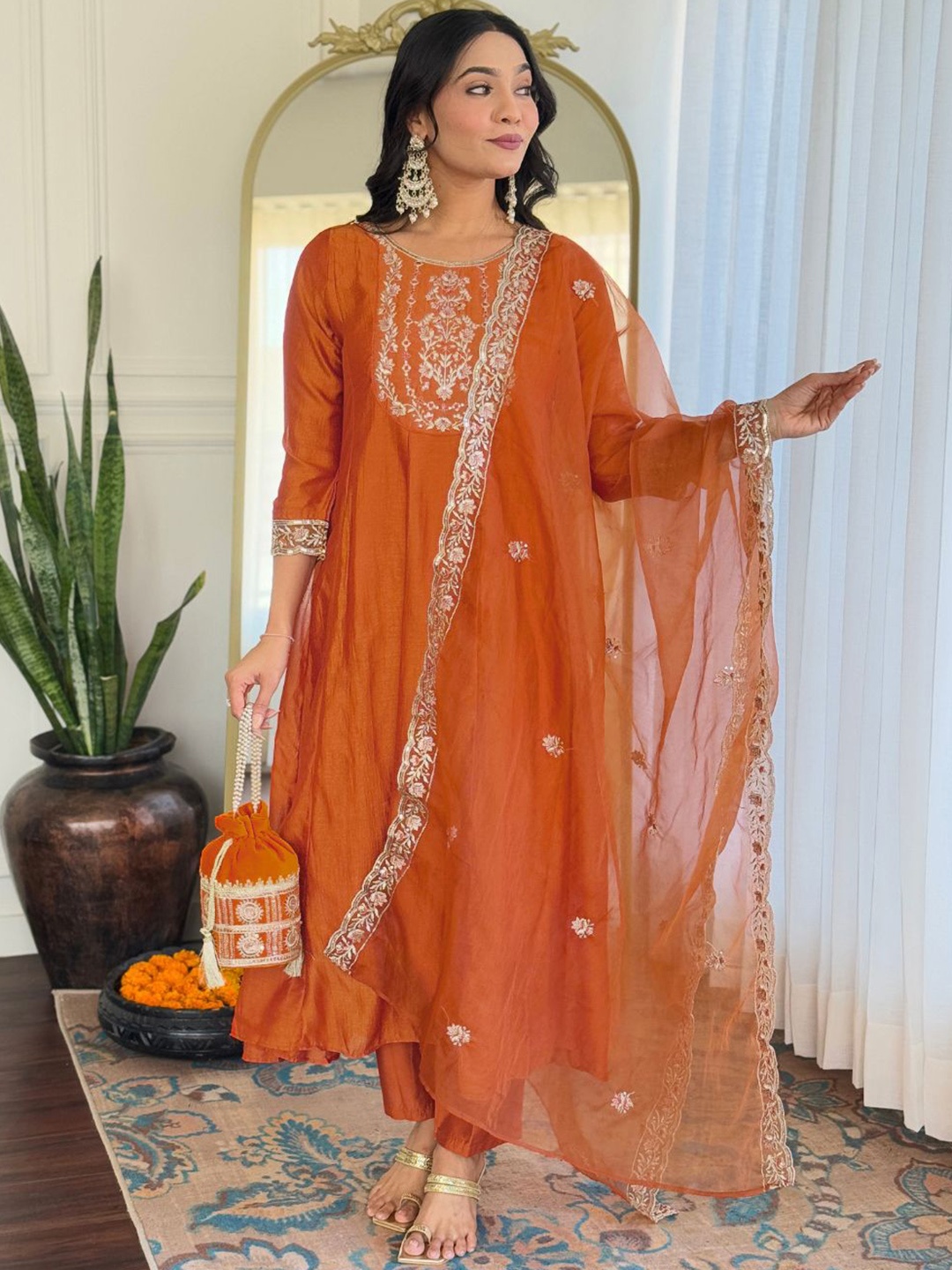 BLACK SCISSOR Embroidered Thread Work Anarkali Kurta with Trousers & Dupatta, Orange
BLACK SCISSOR Embroidered Thread Work Anarkali Kurta with Trousers & Dupatta, Orange