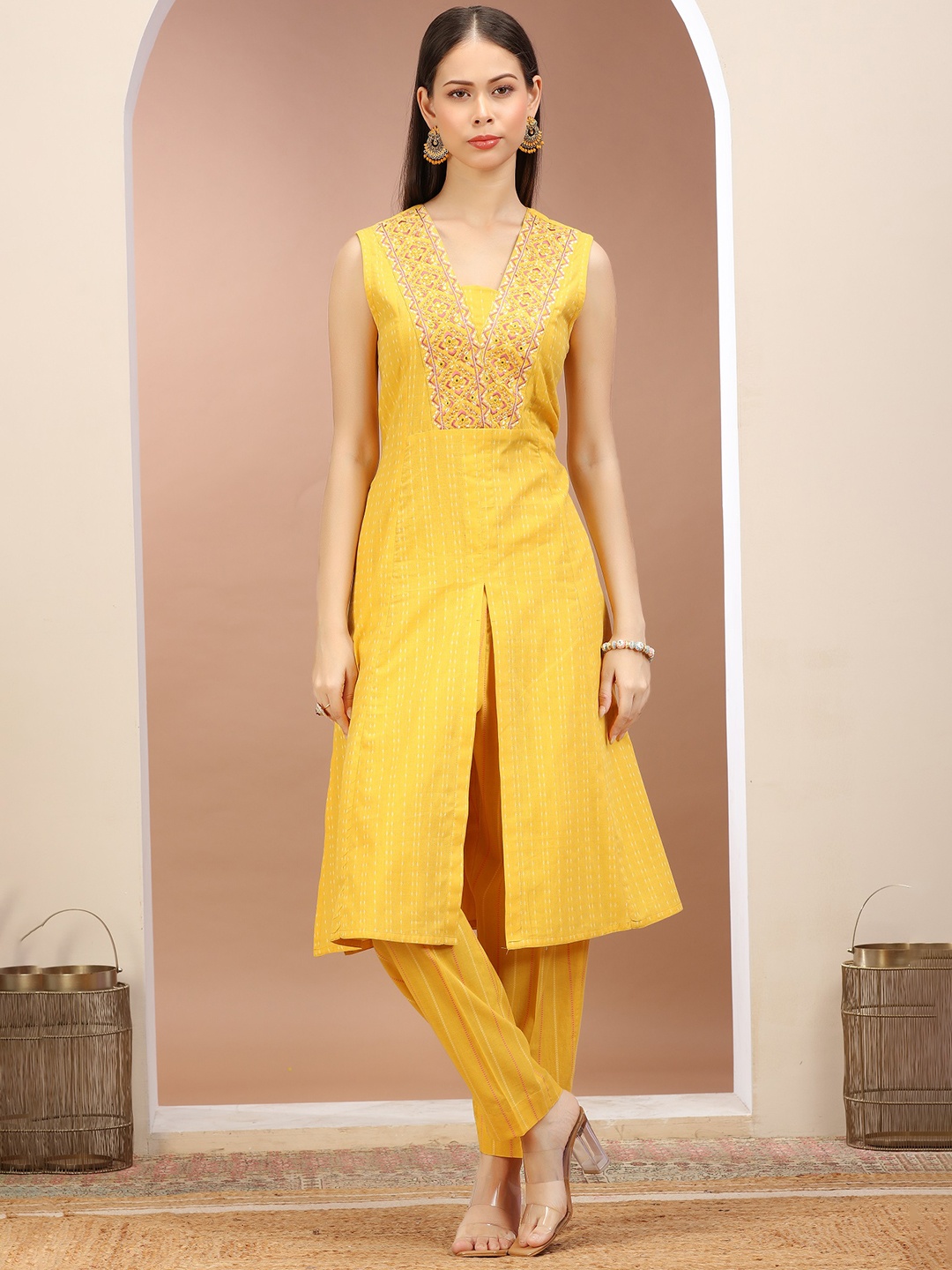 COTTON CULTURE Floral Embroidered V-Neck A-Line Pure Cotton Kurta With Palazzos, Yellow
COTTON CULTURE Floral Embroidered V-Neck A-Line Pure Cotton Kurta With Palazzos, Yellow