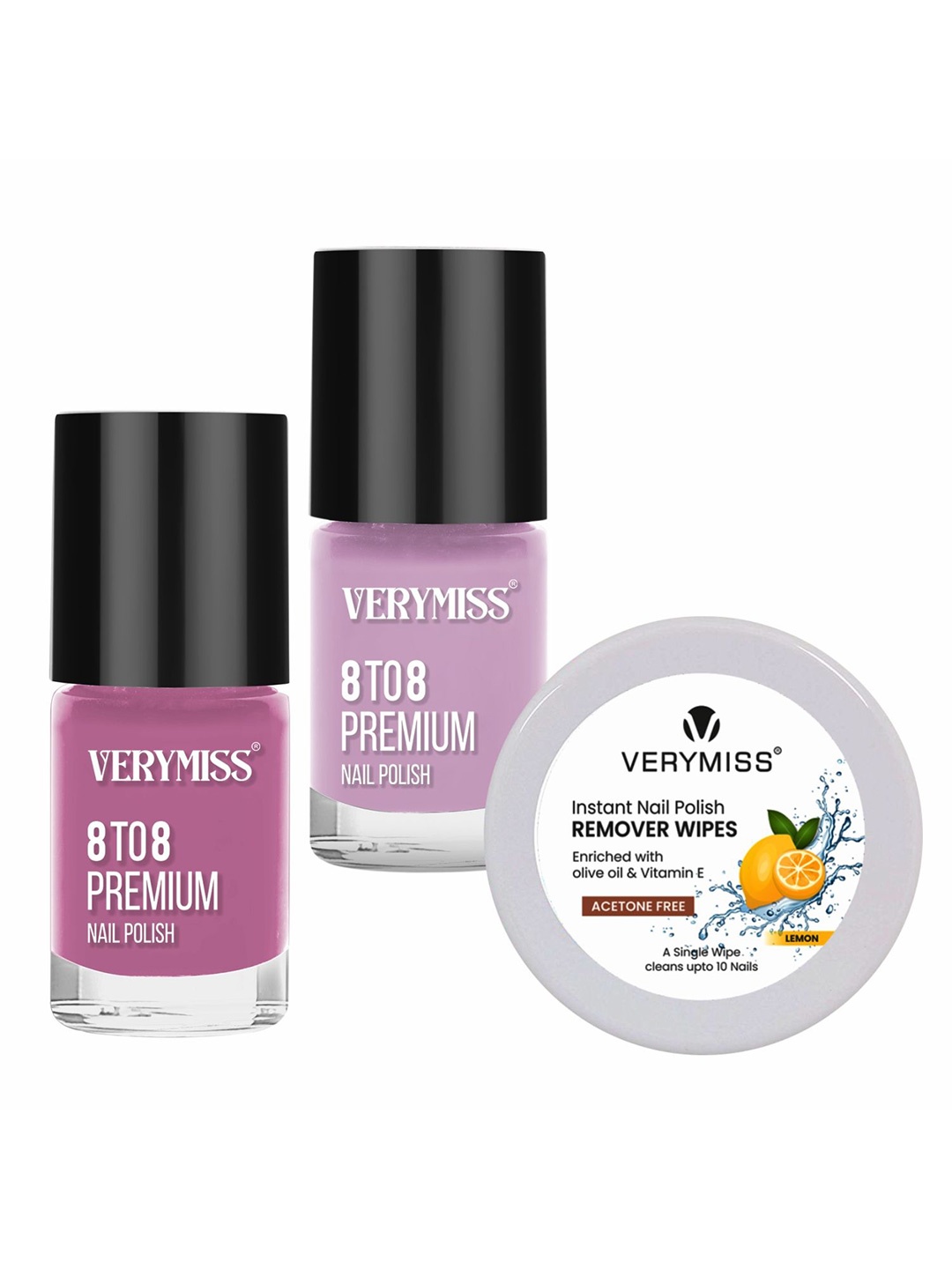 VERYMISS Set Of 3 8 To 8 Nail Polish - 6 ml Each - Shade 284 - 304 & Remover Wipes, Mauve
VERYMISS Set Of 3 8 To 8 Nail Polish - 6 ml Each - Shade 284 - 304 & Remover Wipes, Mauve