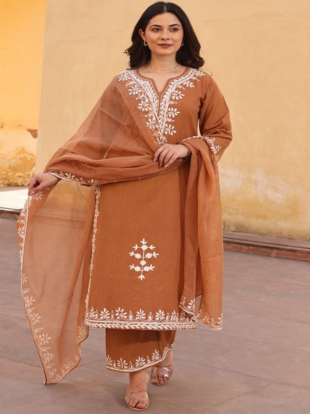 ASRUMO Floral Embroidered Notch Neck Pure Cotton Straight Kurta With Trousers & Dupatta, Brown
ASRUMO Floral Embroidered Notch Neck Pure Cotton Straight Kurta With Trousers & Dupatta, Brown