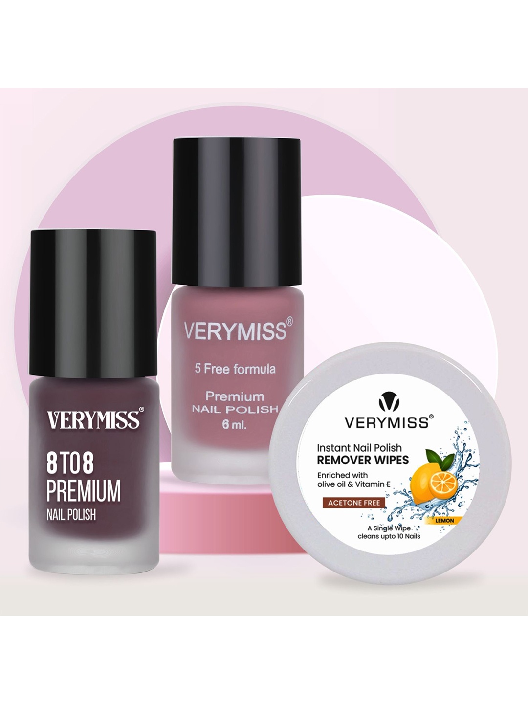 VERYMISS Set Of 3 8 To 8 Nail Polish - 6 ml Each - Shade 252 - 309 & Remover Wipes, Pink
VERYMISS Set Of 3 8 To 8 Nail Polish - 6 ml Each - Shade 252 - 309 & Remover Wipes, Pink