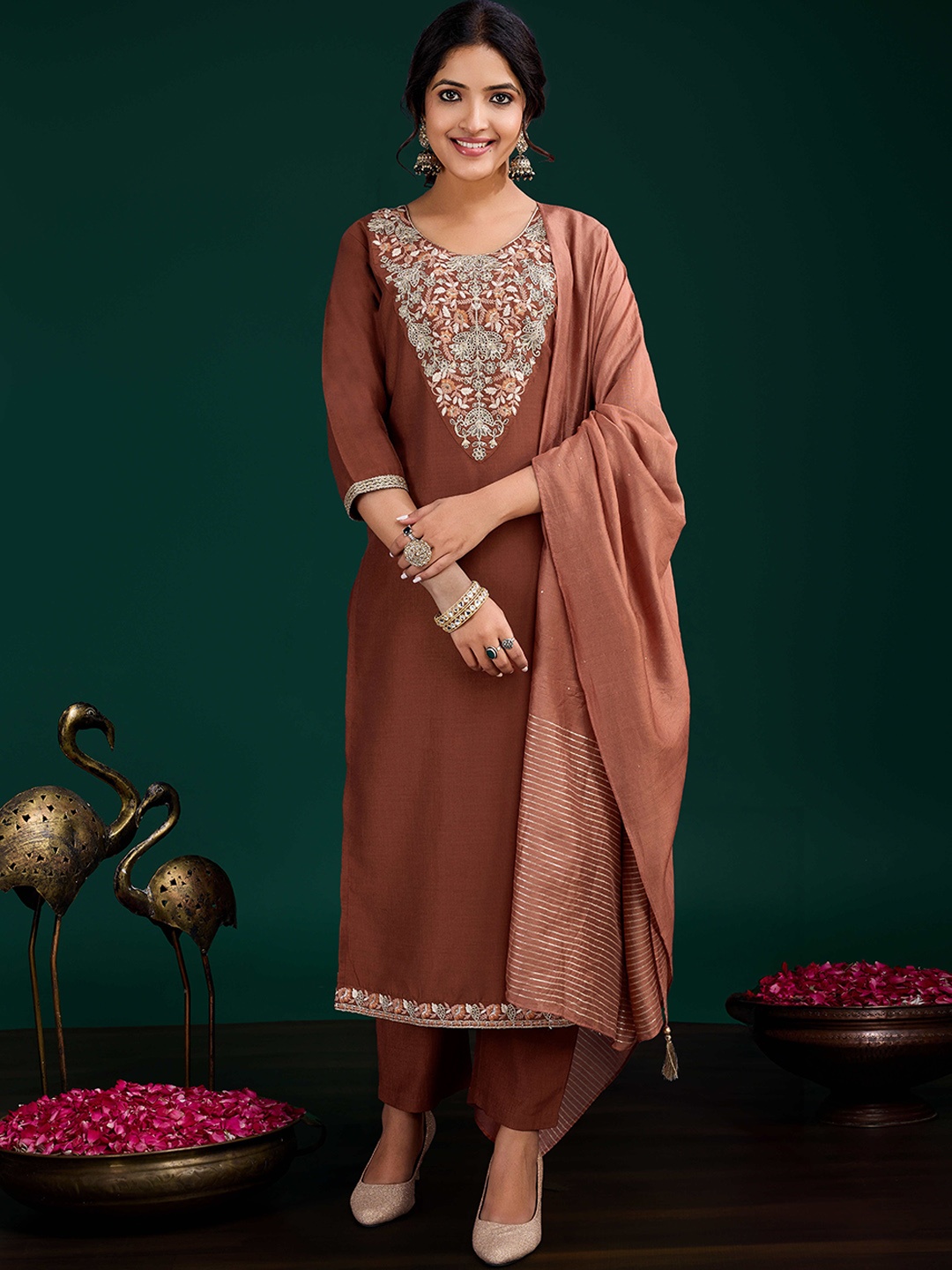 SUAAC Floral Embroidered Thread Work Straight Kurta With Trousers And Dupatta, Brown
SUAAC Floral Embroidered Thread Work Straight Kurta With Trousers And Dupatta, Brown