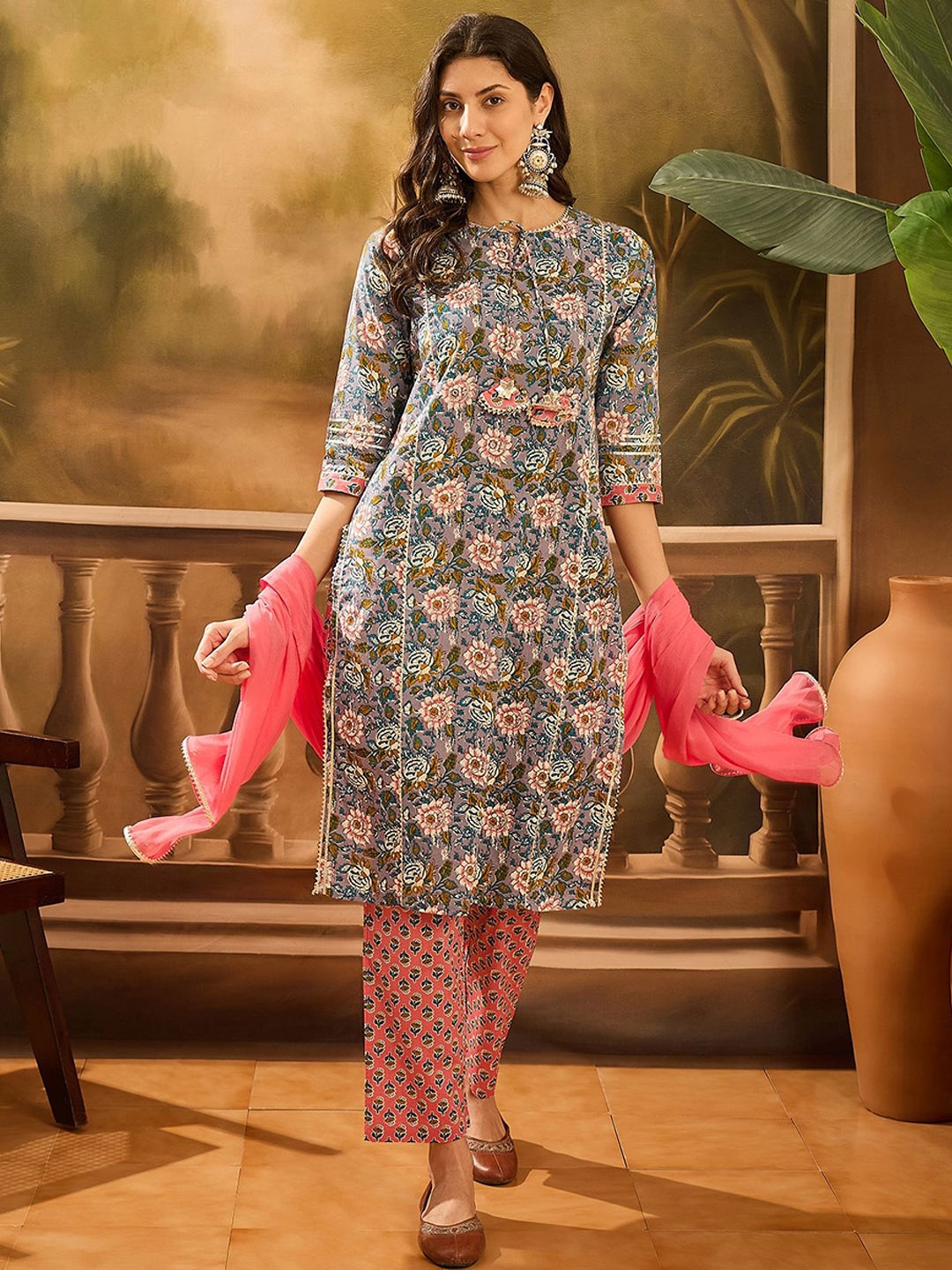 Sangria Floral Printed Tie-Up Neck Pure Cotton Straight Kurta With Trousers & Dupatta, Blue
Sangria Floral Printed Tie-Up Neck Pure Cotton Straight Kurta With Trousers & Dupatta, Blue