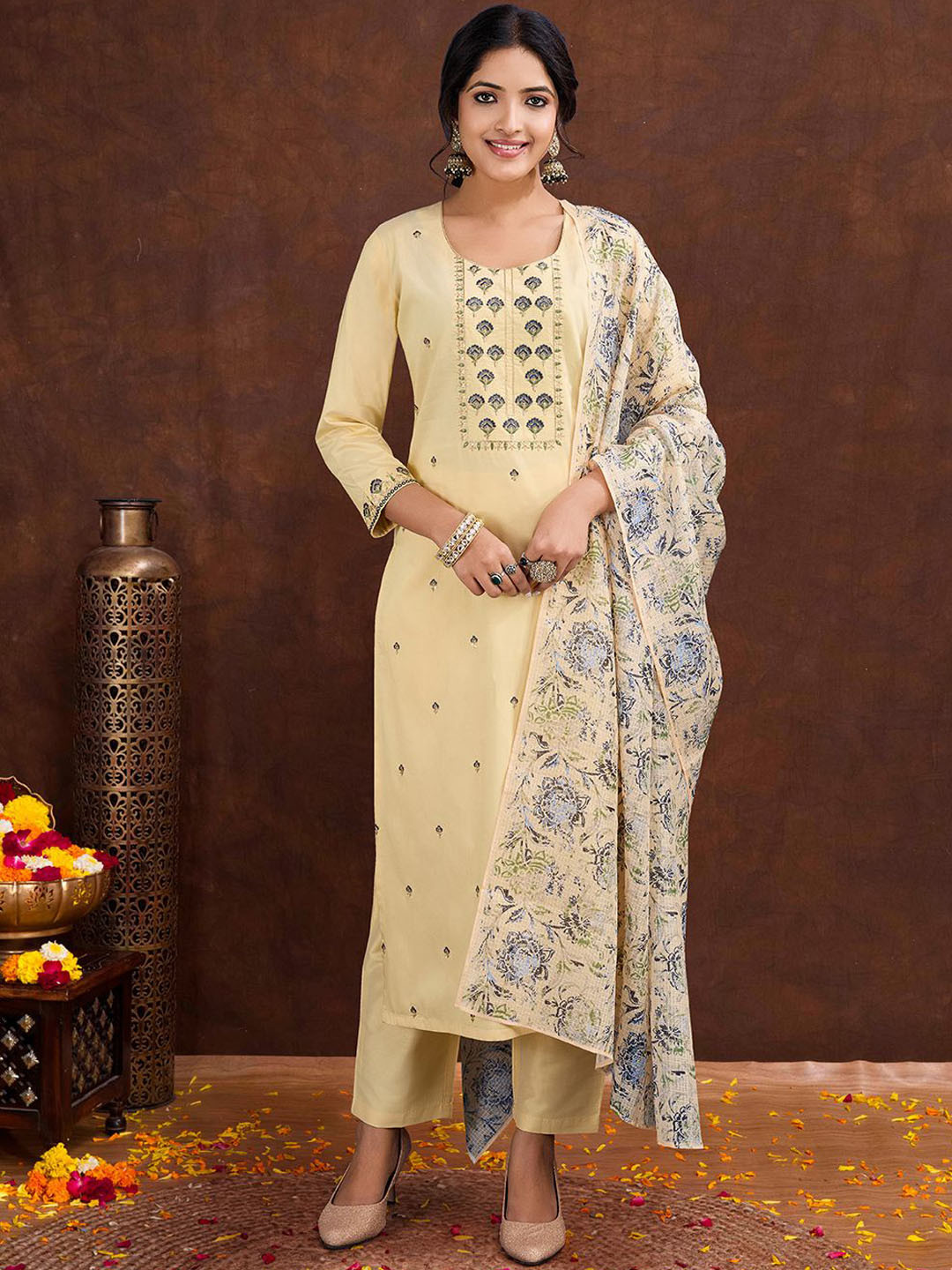 SUAAC Floral Embroidered Thread Work Straight Kurta With Trousers And Dupatta, Yellow
SUAAC Floral Embroidered Thread Work Straight Kurta With Trousers And Dupatta, Yellow