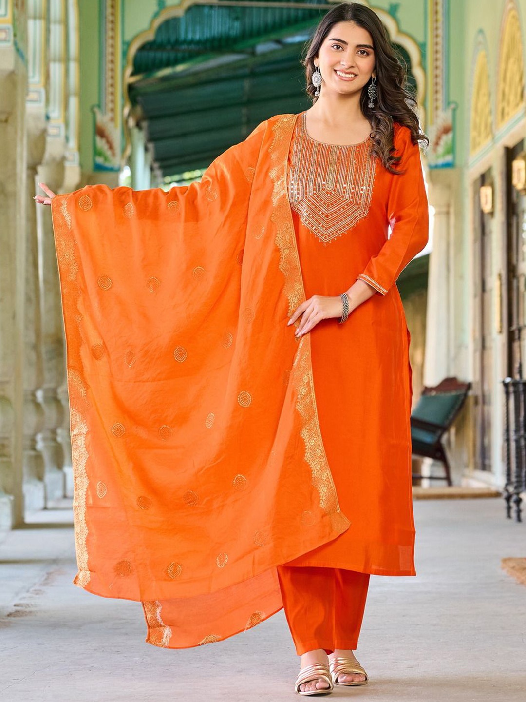 BLACK SCISSOR Floral Yoke Design Straight Raw Silk Kurta With Trousers & Dupatta, Orange
BLACK SCISSOR Floral Yoke Design Straight Raw Silk Kurta With Trousers & Dupatta, Orange