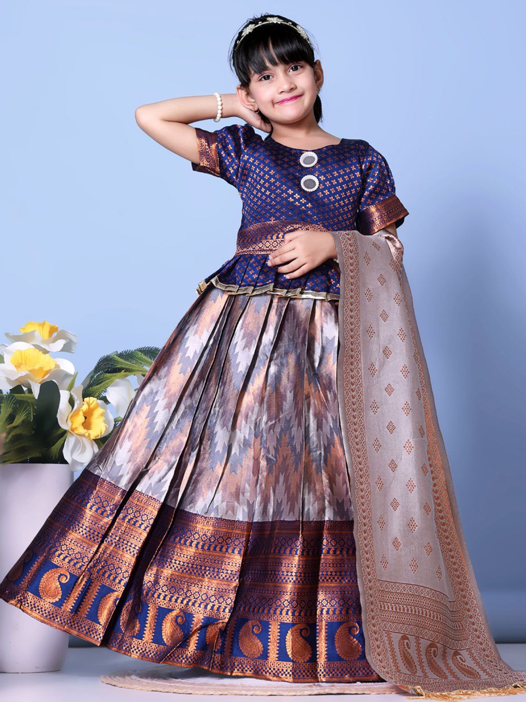 BAESD Girls Woven Design Mirror Work Ready to Wear Lehenga & Blouse With Dupatta, Navy blue
BAESD Girls Woven Design Mirror Work Ready to Wear Lehenga & Blouse With Dupatta, Navy blue