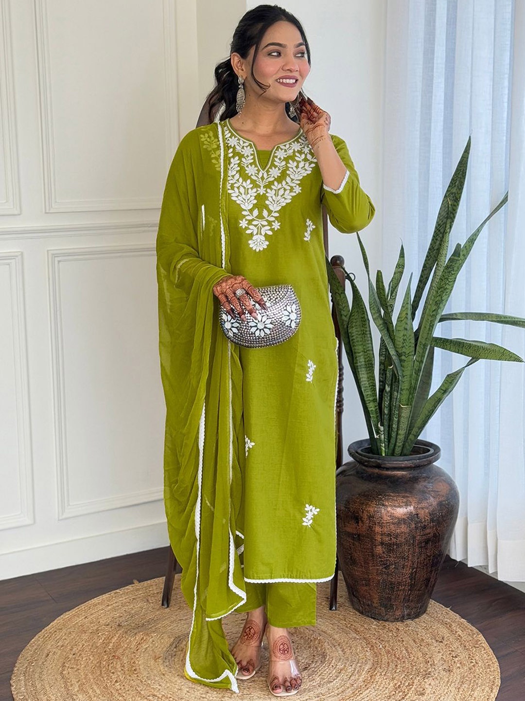 KALINI Floral Embroidered Chikankari Pure Cotton Kurta With Trousers And Dupatta, Green
KALINI Floral Embroidered Chikankari Pure Cotton Kurta With Trousers And Dupatta, Green