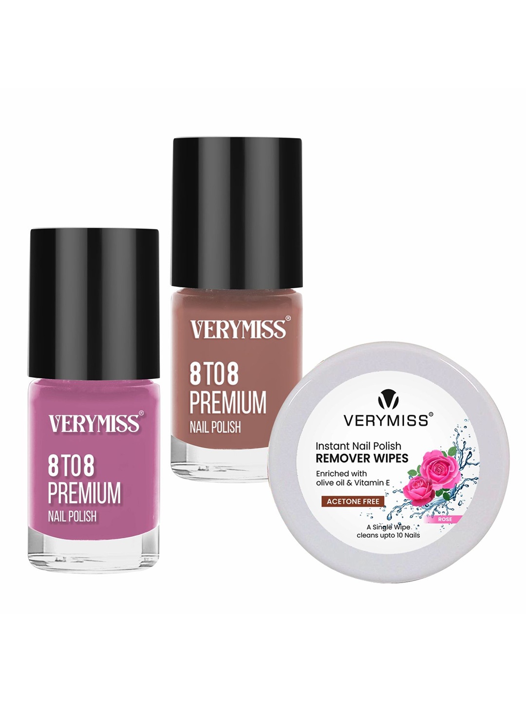 VERYMISS Set Of 3 8 To 8 Nail Polish - 6 ml Each - Shade 266 -304 & Remover Wipes, Pink
VERYMISS Set Of 3 8 To 8 Nail Polish - 6 ml Each - Shade 266 -304 & Remover Wipes, Pink