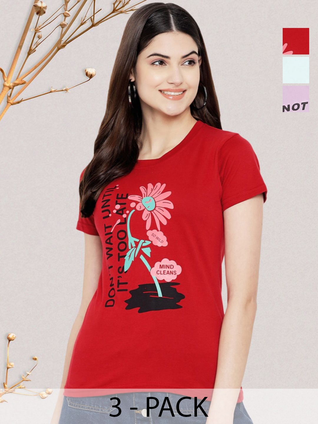 GLOBAL NOMAD Women Pack of 3 Typography Printed Round Neck Cotton T-shirts, Red
GLOBAL NOMAD Women Pack of 3 Typography Printed Round Neck Cotton T-shirts, Red