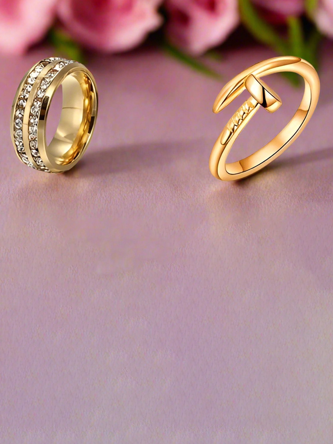 DressBerry Set of 2 Gold Plated Cubic Zircon Studded Stainless Steel Couple Finger Ring
DressBerry Set of 2 Gold Plated Cubic Zircon Studded Stainless Steel Couple Finger Ring