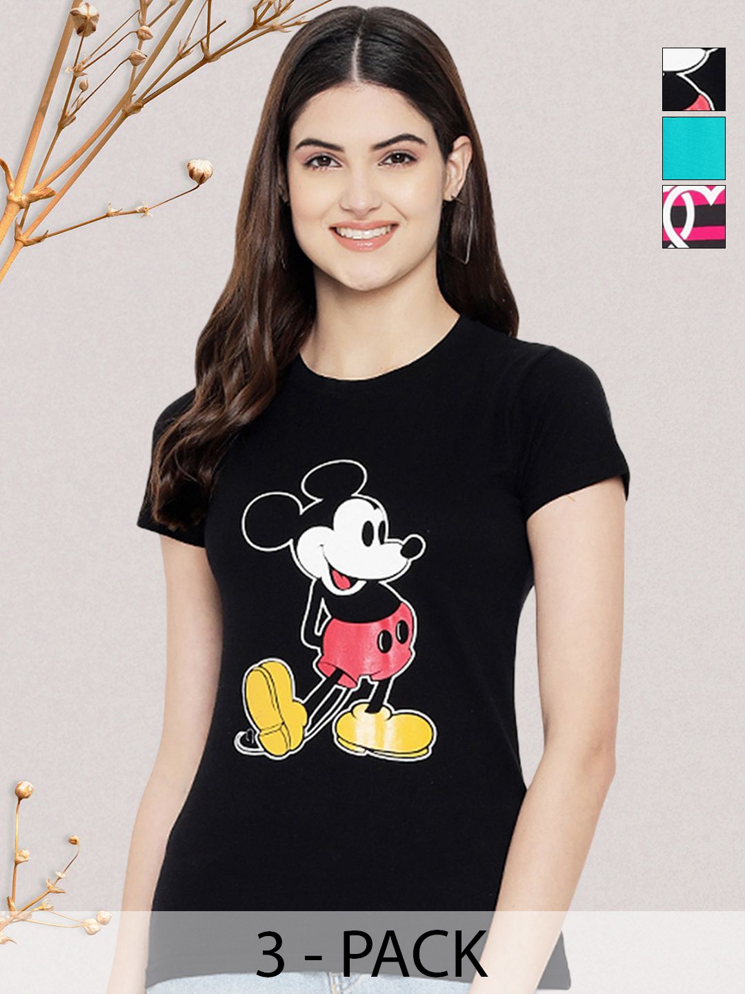 GLOBAL NOMAD Women Pack of 3 Mickey Mouse Graphic Printed Round Neck Cotton T-shirts, Black
GLOBAL NOMAD Women Pack of 3 Mickey Mouse Graphic Printed Round Neck Cotton T-shirts, Black