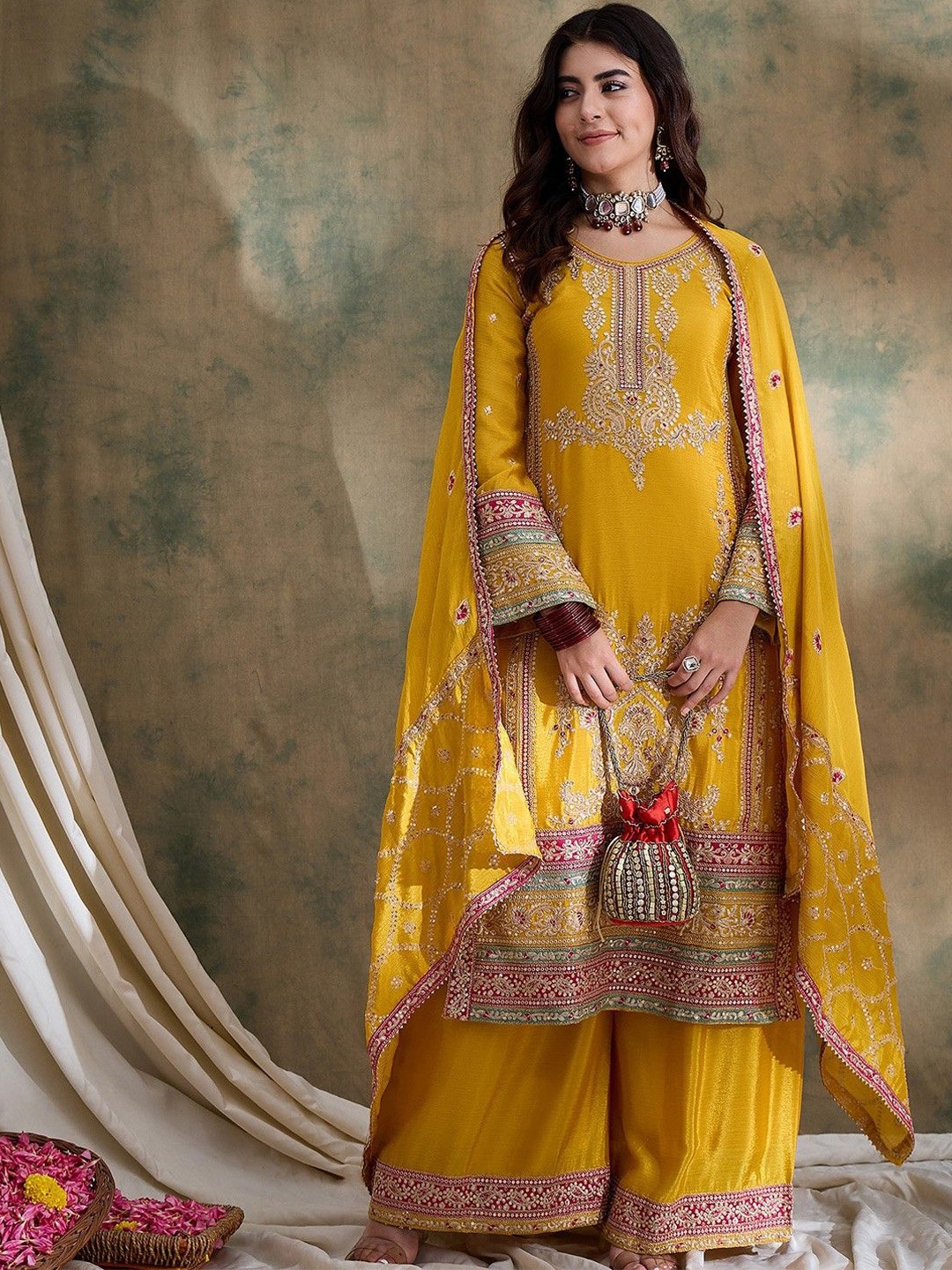 AKSHARAM Floral Embroidered Sequinned Round Neck Straight Kurta With Palazzos & Dupatta, Mustard
AKSHARAM Floral Embroidered Sequinned Round Neck Straight Kurta With Palazzos & Dupatta, Mustard