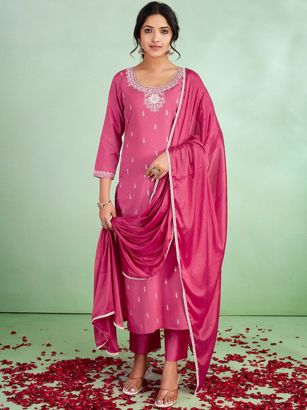 SUAAC Ethnic Motifs Embroidered Thread Work Straight Kurta With Trousers And Dupatta, Pink
SUAAC Ethnic Motifs Embroidered Thread Work Straight Kurta With Trousers And Dupatta, Pink