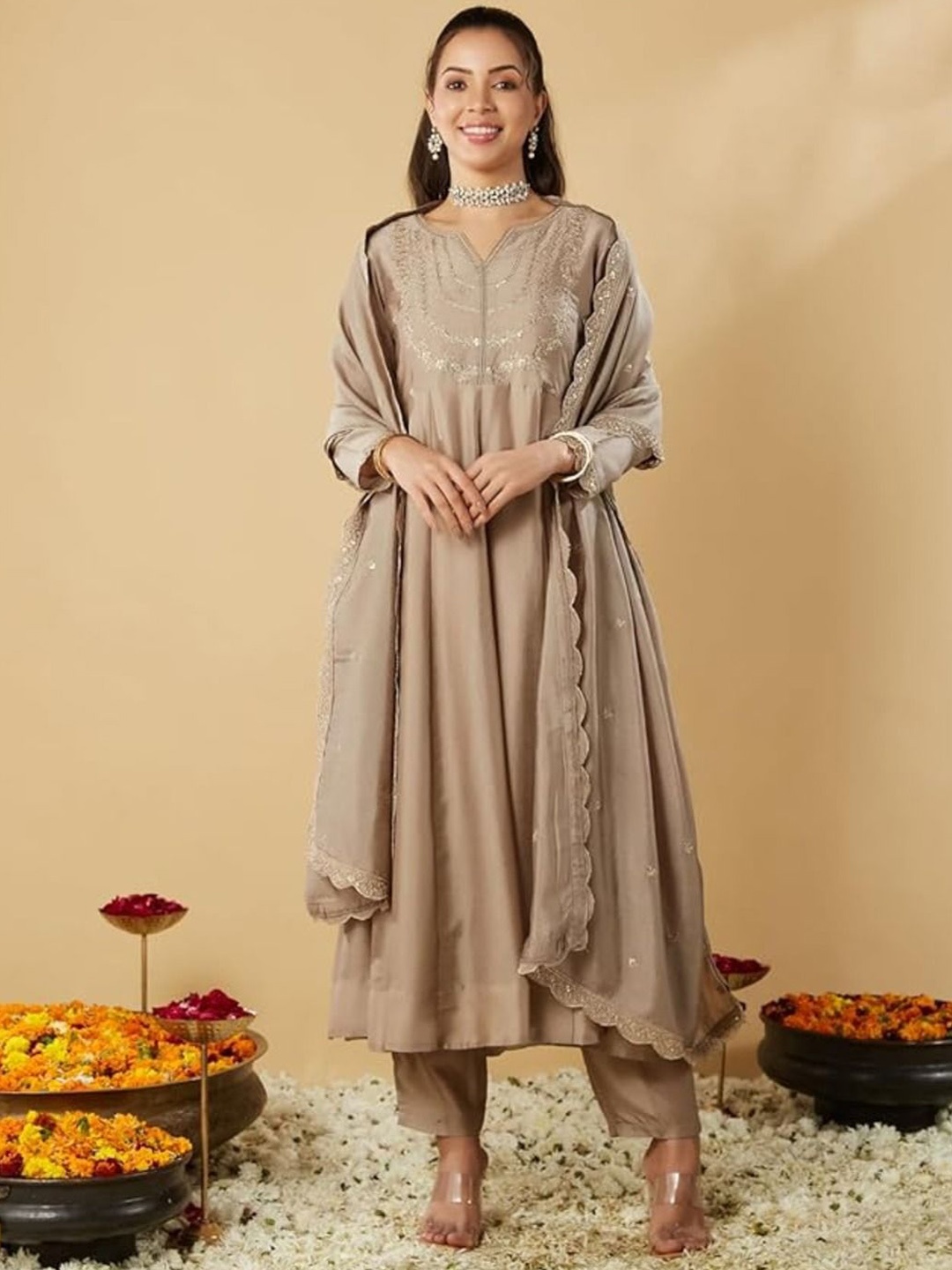KALINI Yoke Design V-Neck A-Line Sequinned Kurta With Trousers And Dupatta, Camel brown
KALINI Yoke Design V-Neck A-Line Sequinned Kurta With Trousers And Dupatta, Camel brown