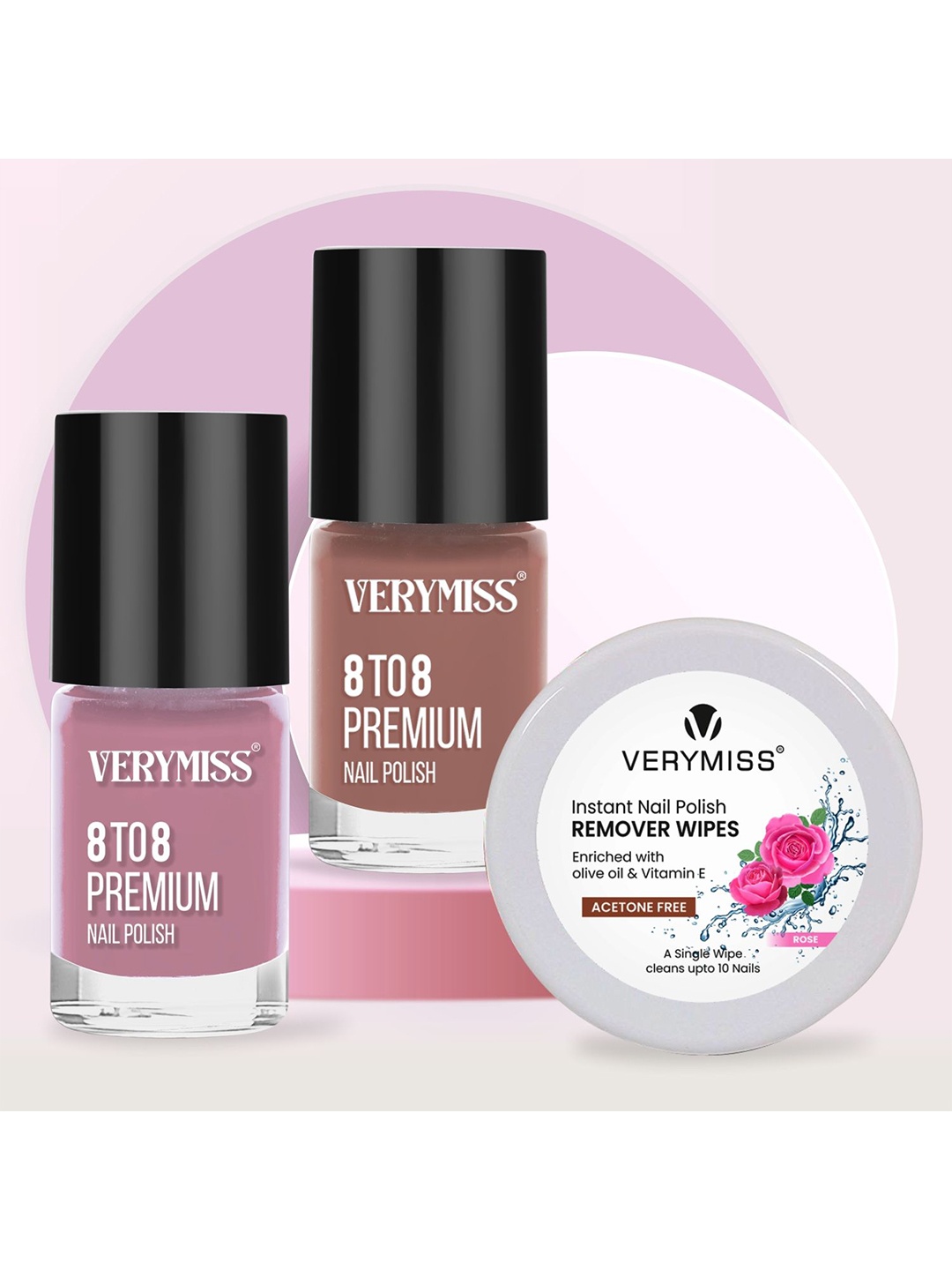 VERYMISS Set Of 3 8 To 8 Nail Polish - 6 ml Each - Shade 266 - 303 & Remover Wipes, Pink
VERYMISS Set Of 3 8 To 8 Nail Polish - 6 ml Each - Shade 266 - 303 & Remover Wipes, Pink