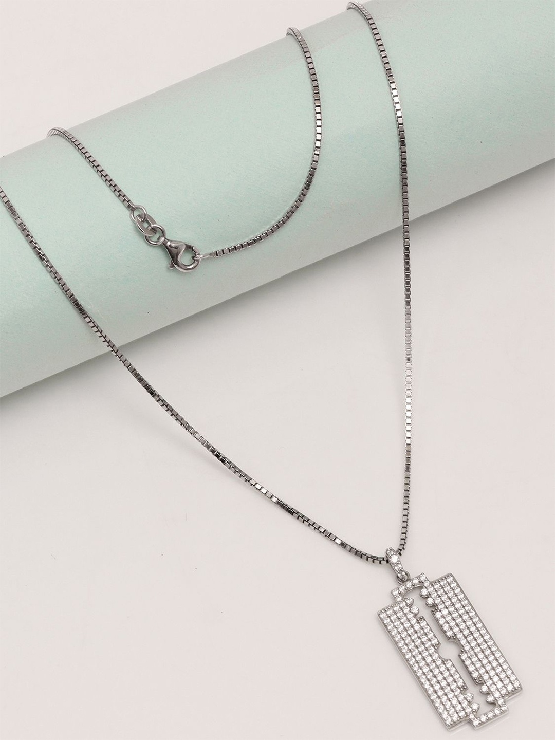 LeCalla Men 925 Sterling Silver Rhodium-Plated Cubic Zirconia Razor Blade Pendant & Chain
LeCalla Men 925 Sterling Silver Rhodium-Plated Cubic Zirconia Razor Blade Pendant & Chain