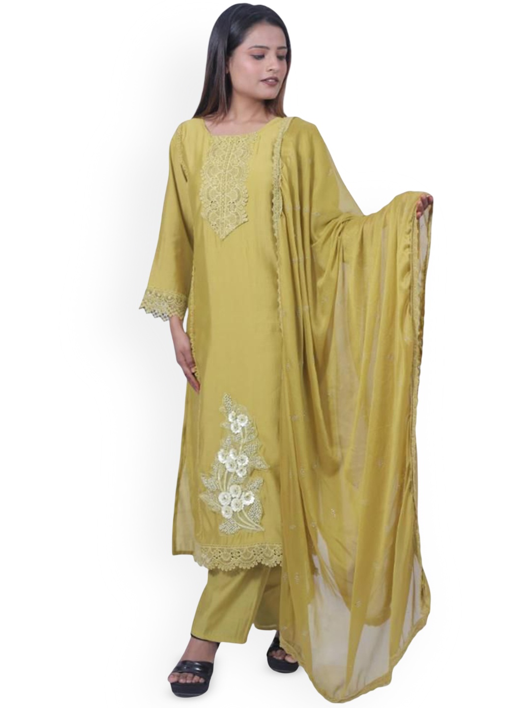 Wavy Collection Floral Embroidered Pure Silk Straight Kurta with Trousers & Dupatta, Mustard
Wavy Collection Floral Embroidered Pure Silk Straight Kurta with Trousers & Dupatta, Mustard