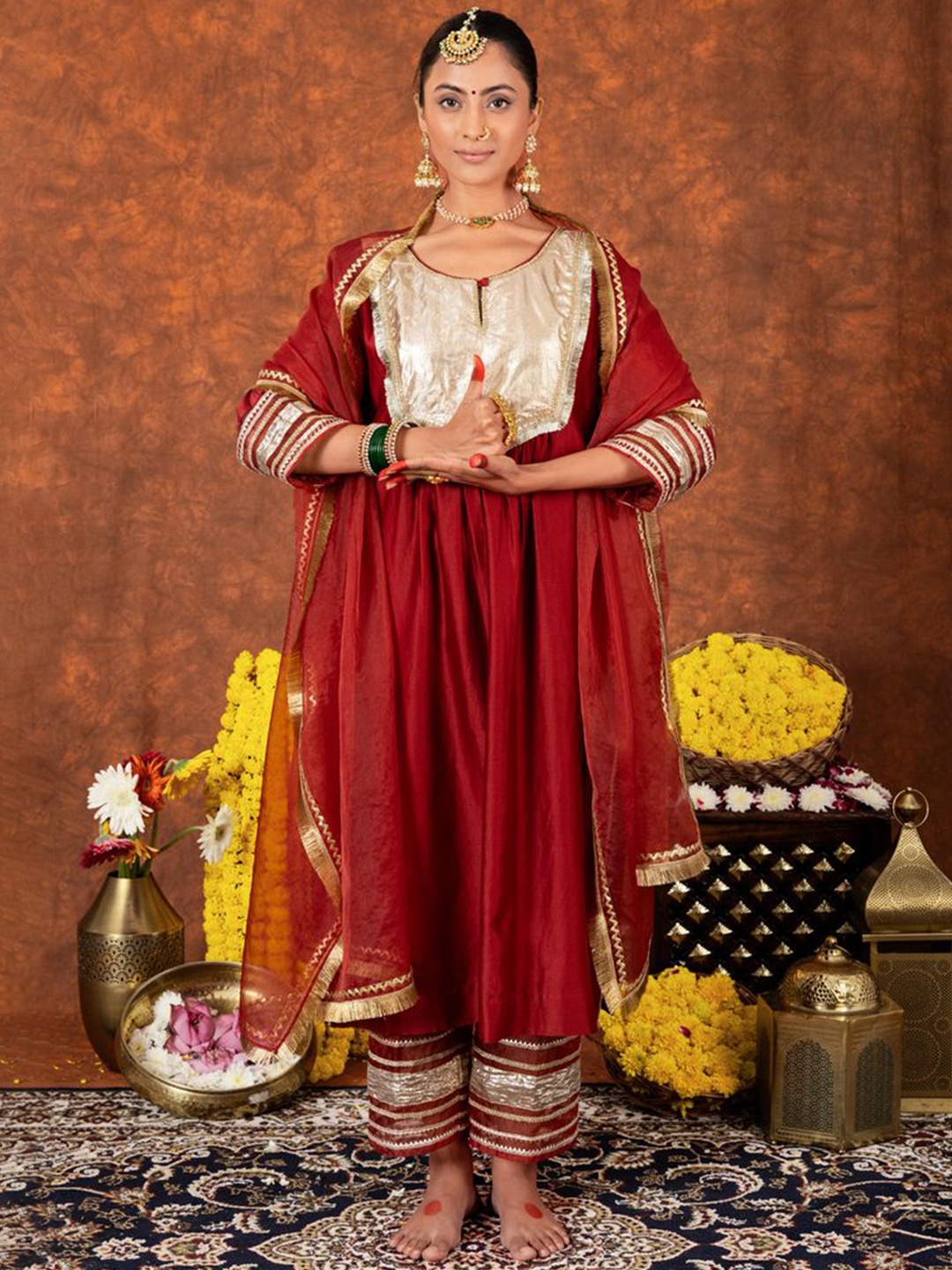 House of Nitya Gotta Patti Work Key Hole Neck Pure Silk Kurta With Trousers & Dupatta, Red
House of Nitya Gotta Patti Work Key Hole Neck Pure Silk Kurta With Trousers & Dupatta, Red