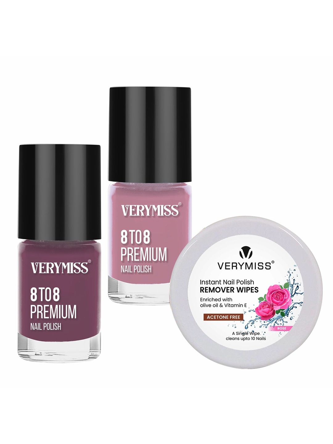 VERYMISS Set Of 3 8To8 Nail Polish - 6 ml Each - Shade 303-305 With Remover Wipes, Purple
VERYMISS Set Of 3 8To8 Nail Polish - 6 ml Each - Shade 303-305 With Remover Wipes, Purple