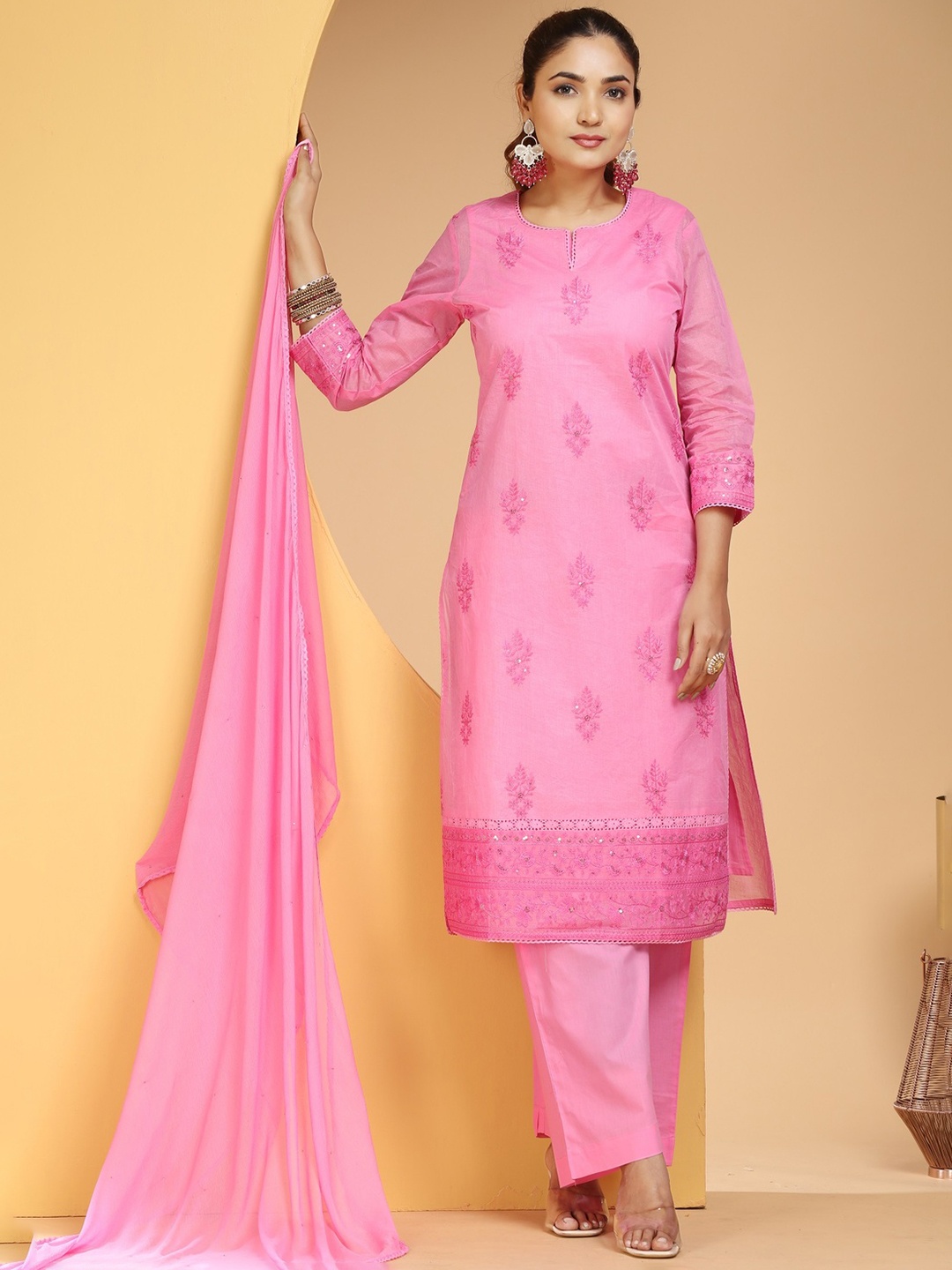 COTTON CULTURE Floral Embroidered Thread Work Pure Cotton Kurta With Palazzos And Dupatta, Pink
COTTON CULTURE Floral Embroidered Thread Work Pure Cotton Kurta With Palazzos And Dupatta, Pink