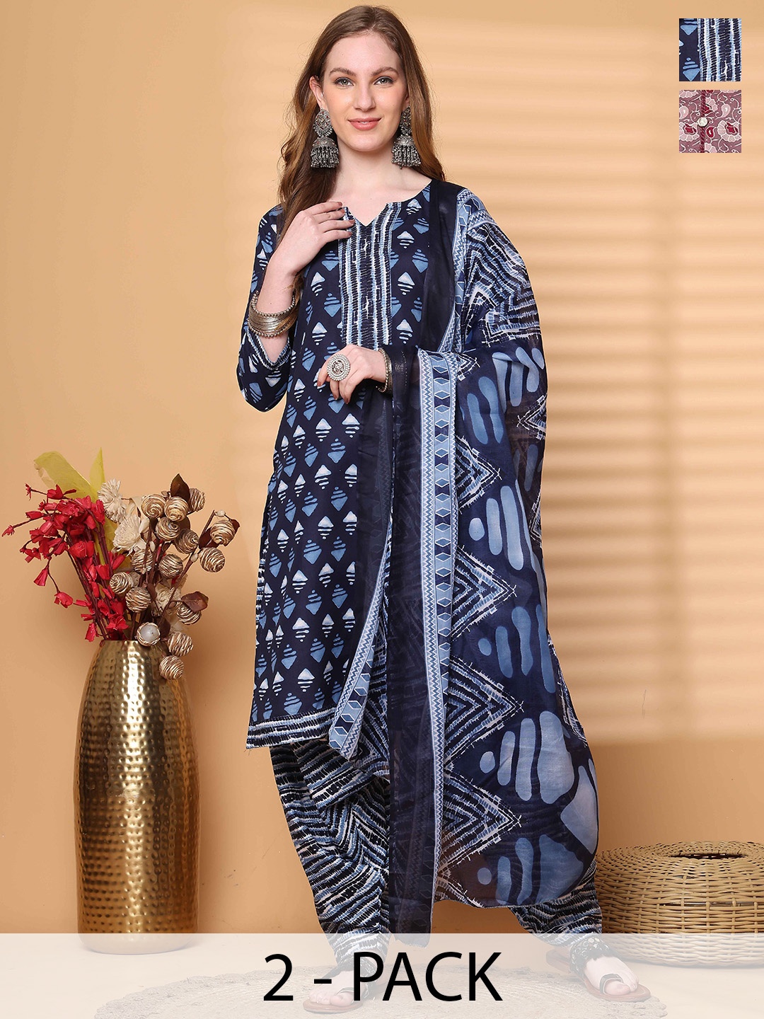 Merira Selection Of 2 Floral Printed Notch Neck Straight Kurta With Salwar & Dupatta, Navy blue
Merira Selection Of 2 Floral Printed Notch Neck Straight Kurta With Salwar & Dupatta, Navy blue