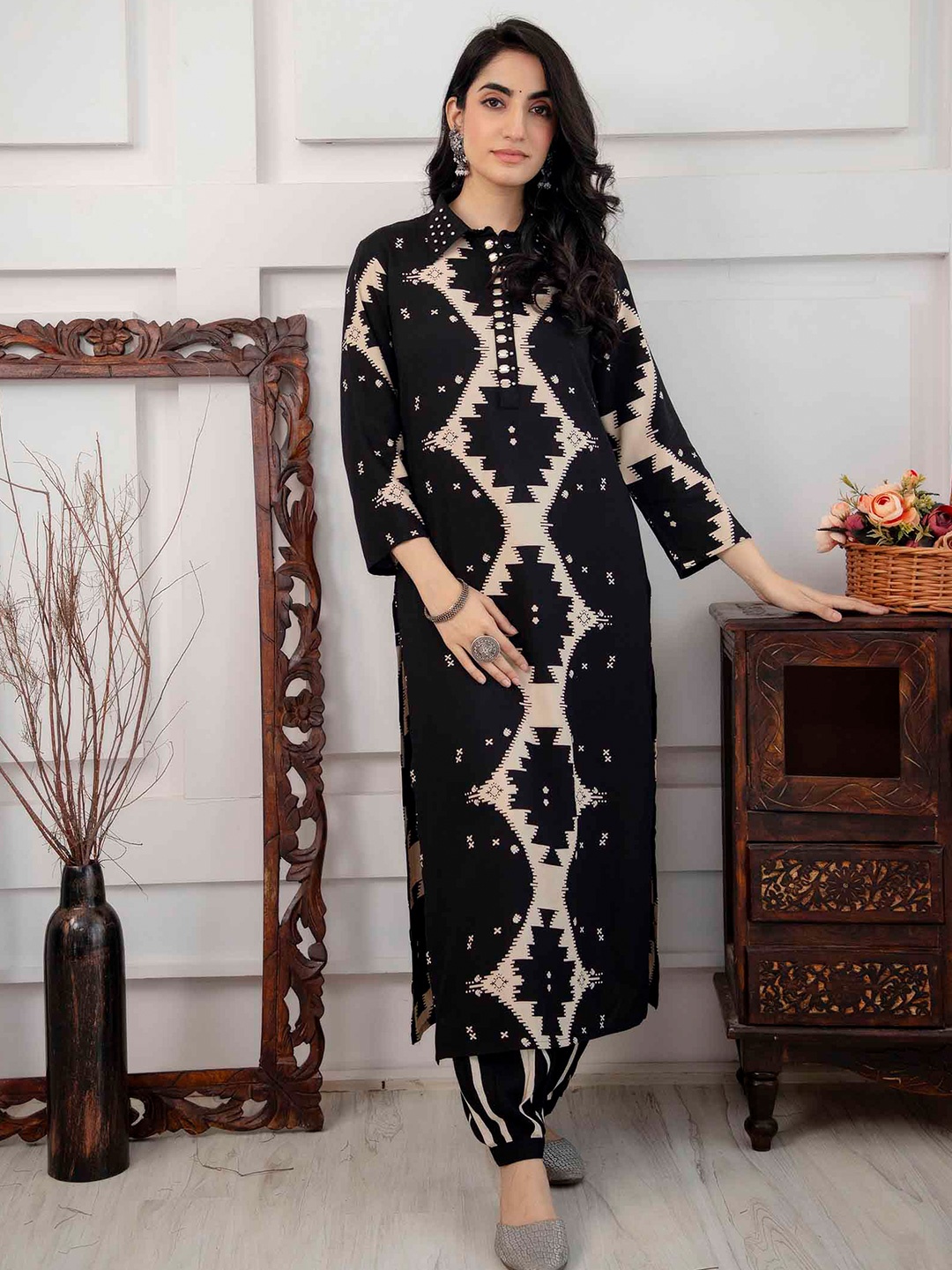 Nehamta Geometric Printed Shirt Collar Mirror Work Straight Kurta With Salwar, Black
Nehamta Geometric Printed Shirt Collar Mirror Work Straight Kurta With Salwar, Black