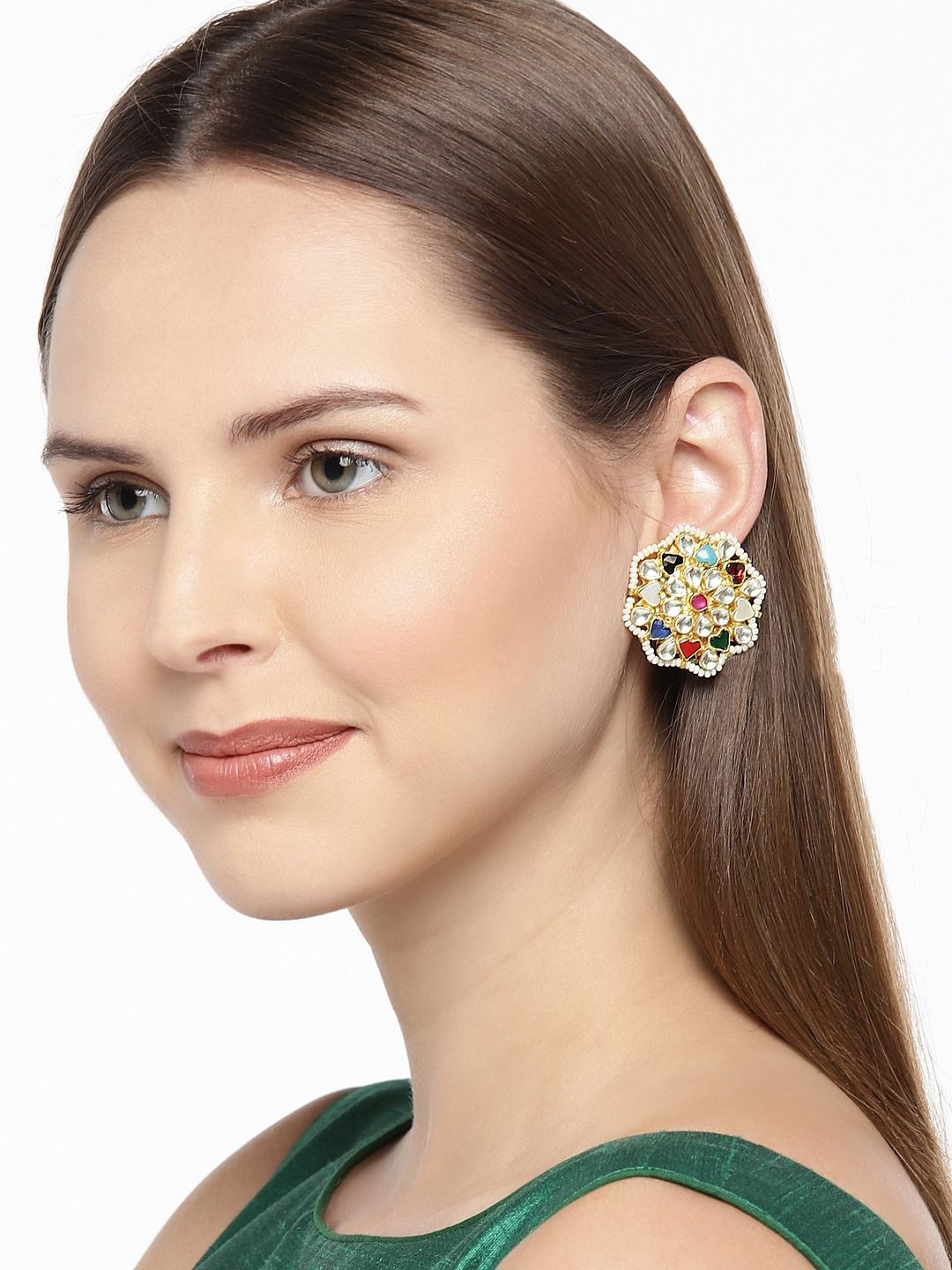 House of Pataudi Gold-Plated Navratna Paachi Kundan Studded & Beaded Floral Shaped Studs
House of Pataudi Gold-Plated Navratna Paachi Kundan Studded & Beaded Floral Shaped Studs