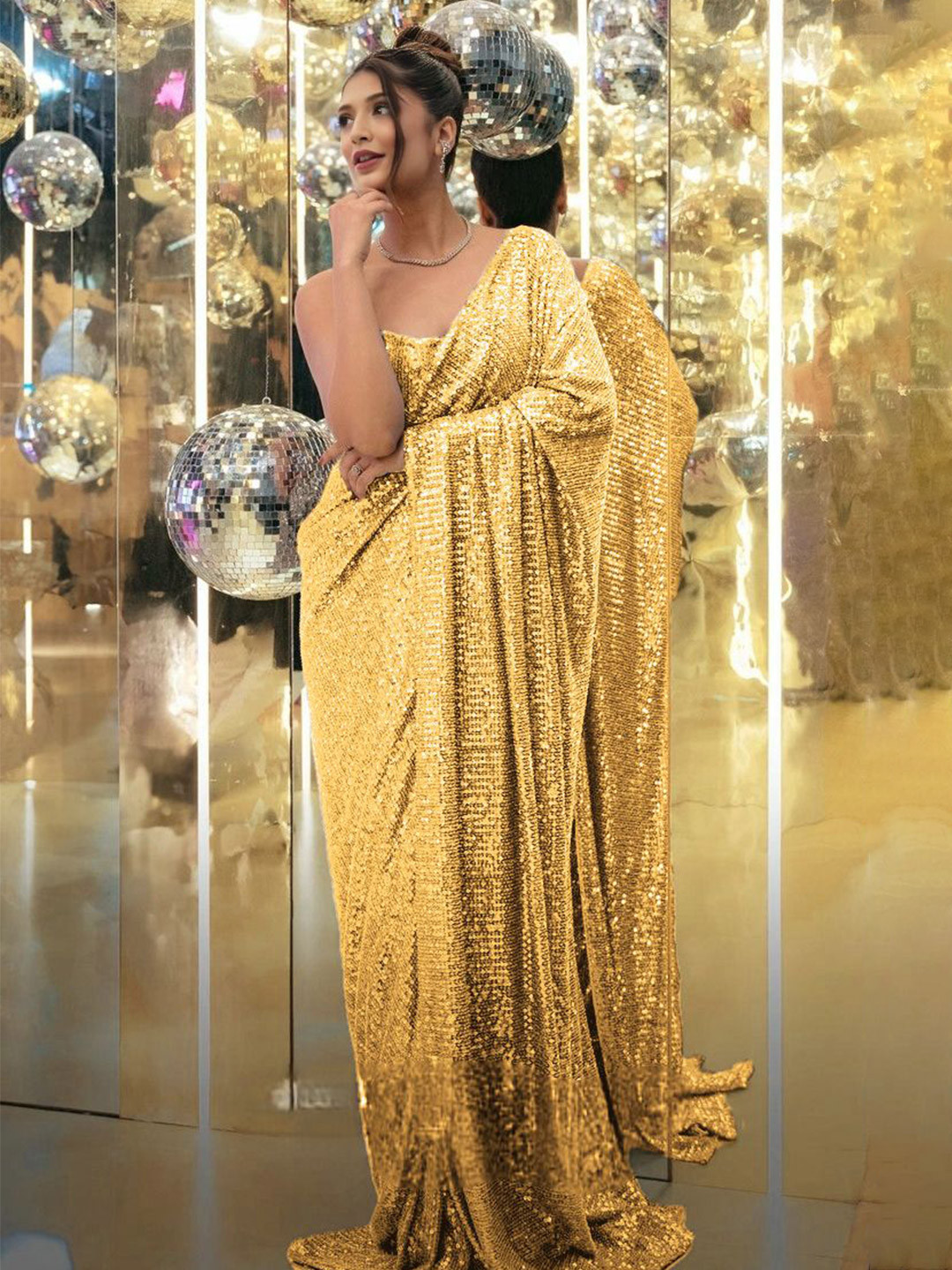 MADHUR HAND WORK ART Embellished Sequinned Saree, Gold 
MADHUR HAND WORK ART Embellished Sequinned Saree, Gold