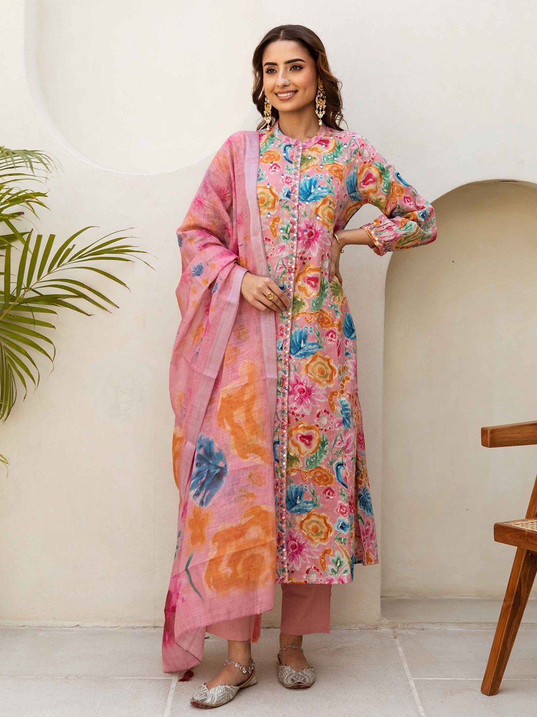 KALINI Floral Printed Mirror Work Pure Cotton A-Line Kurta with Trousers & Dupatta, Pink
KALINI Floral Printed Mirror Work Pure Cotton A-Line Kurta with Trousers & Dupatta, Pink