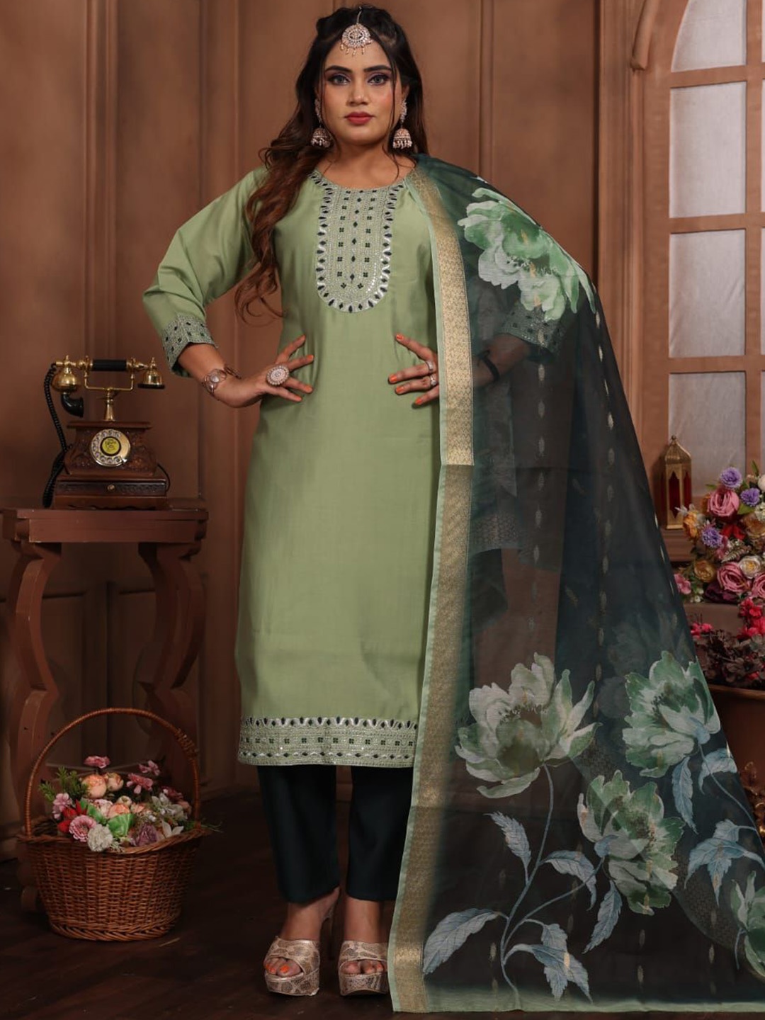 Maheesha Floral Embroidered Thread Work Round Neck Kurta with Trousers & Dupatta, Sea green
Maheesha Floral Embroidered Thread Work Round Neck Kurta with Trousers & Dupatta, Sea green