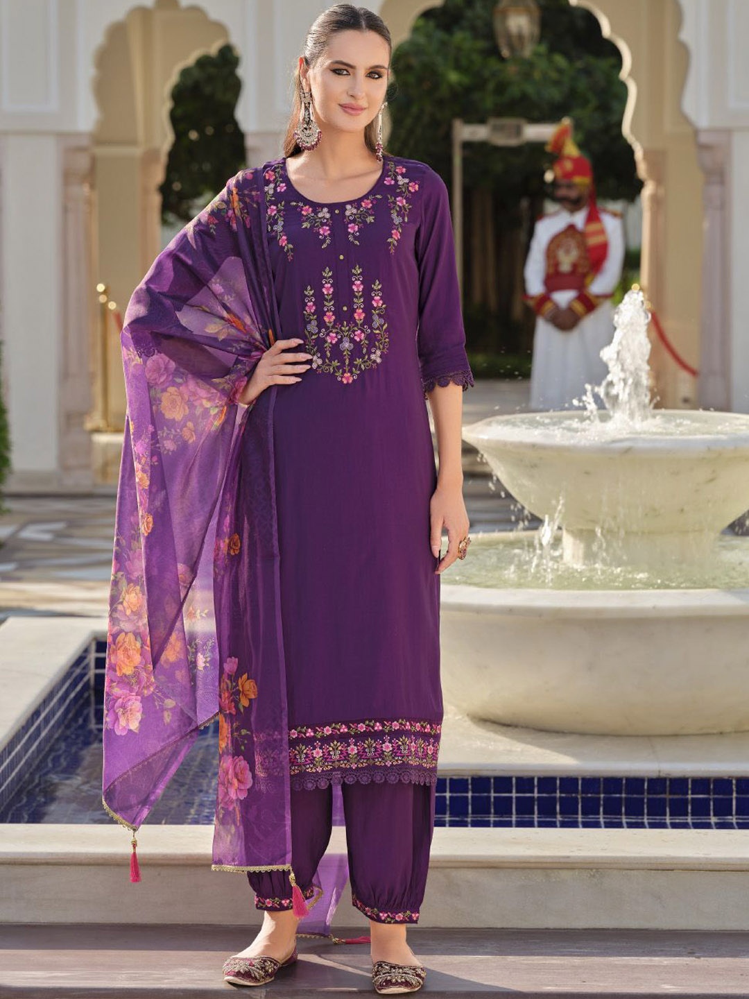 Varanga Floral Embroidered Thread Work Straight Kurta With Trousers And Dupatta, Purple
Varanga Floral Embroidered Thread Work Straight Kurta With Trousers And Dupatta, Purple