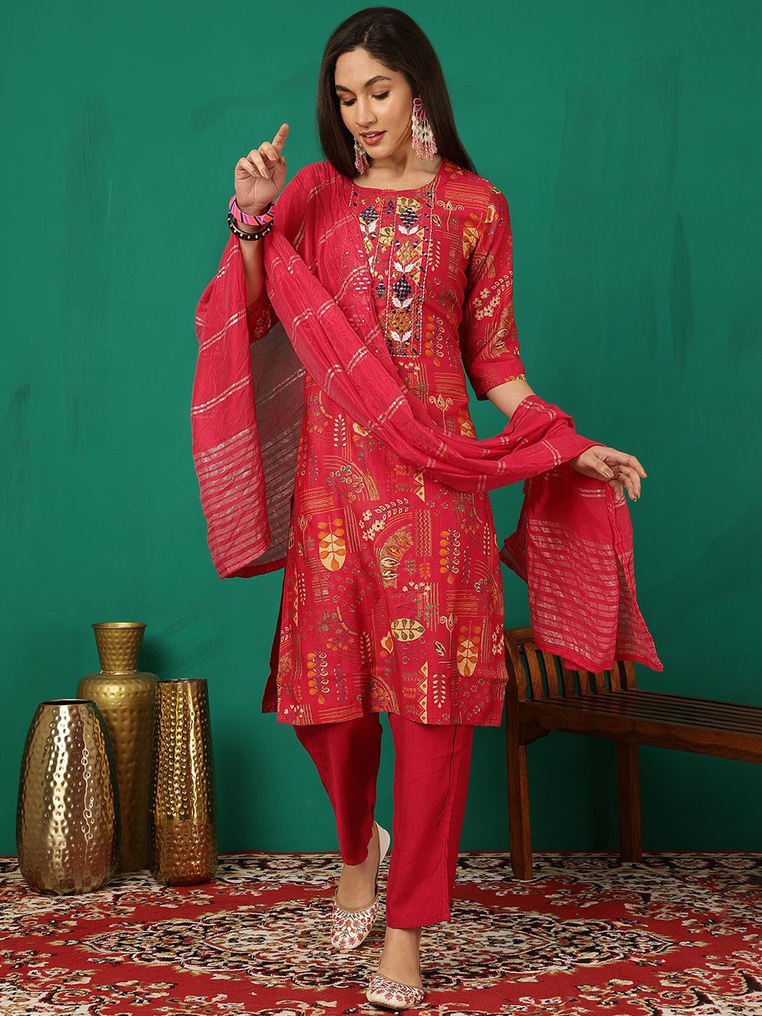 Sangria Floral Printed Mirror Work Round Neck Straight Kurta With Trouser & Dupatta, Red
Sangria Floral Printed Mirror Work Round Neck Straight Kurta With Trouser & Dupatta, Red